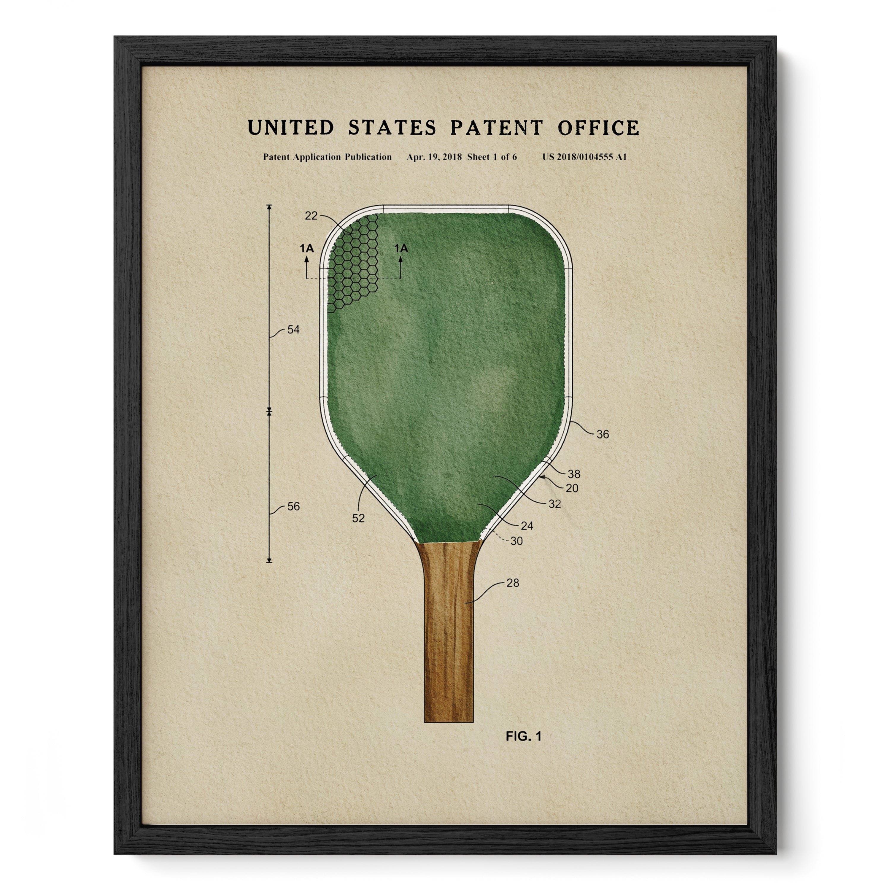 The image is a framed print depicting a paddle with a green paddle head and a brown paddle handle, along with a diagram and text indicating it is a patent application from the United States Patent Office.