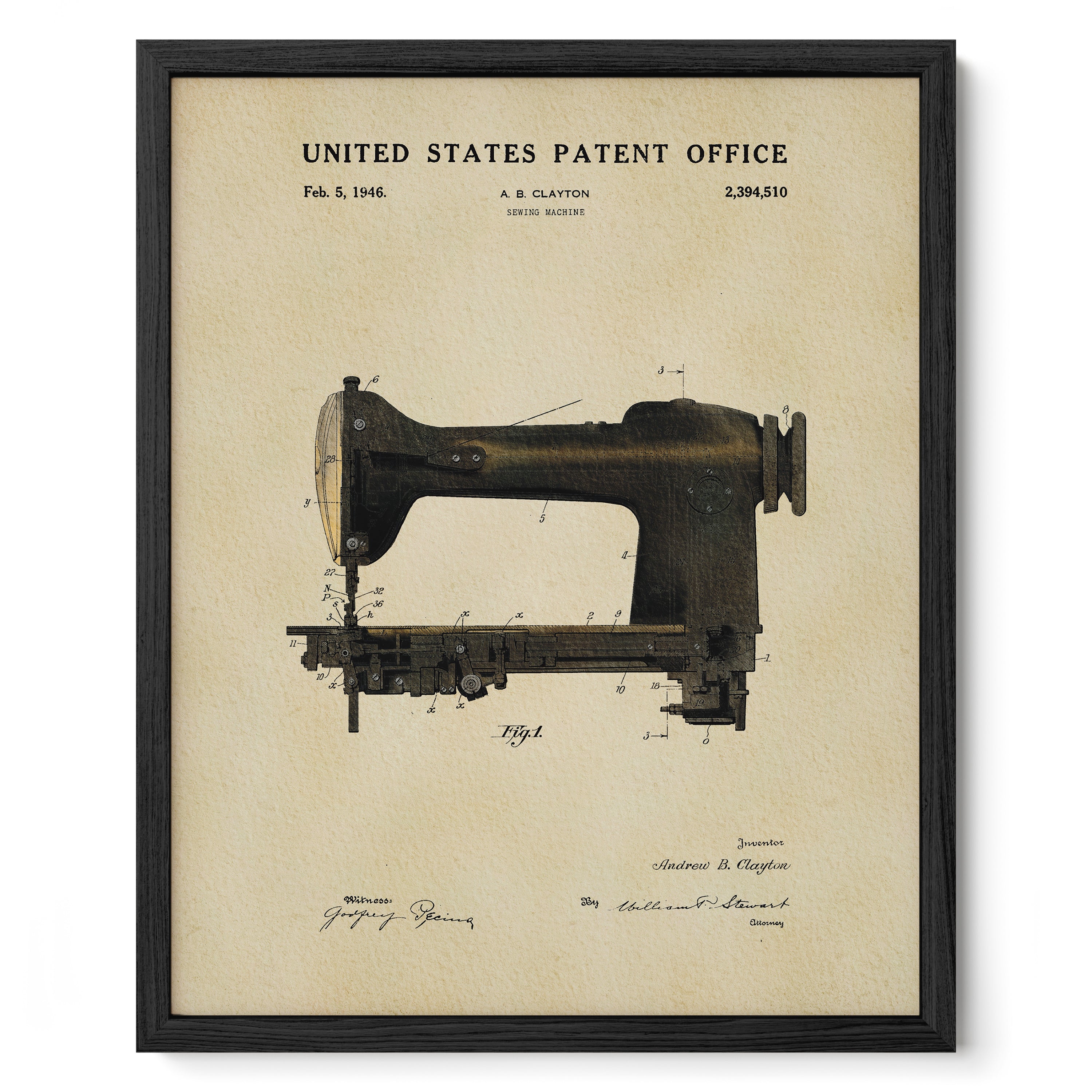 The image is a framed print of a sewing machine patent from the United States Patent Office, dated February 5, 1946.