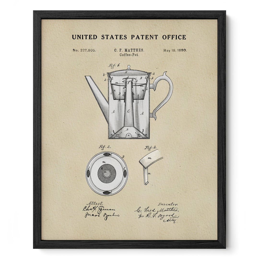 The image is a framed patent drawing of a coffee pot, depicting the design and features of the product.