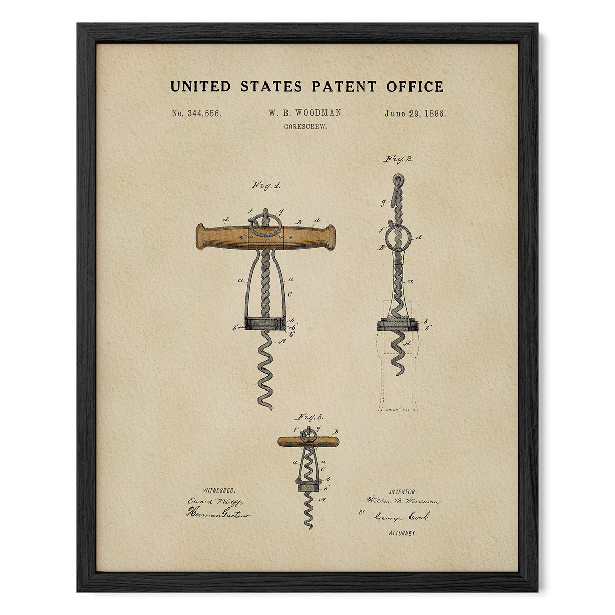The image is a framed patent drawing from the United States Patent Office, depicting a corkscrew with detailed technical drawings and annotations.