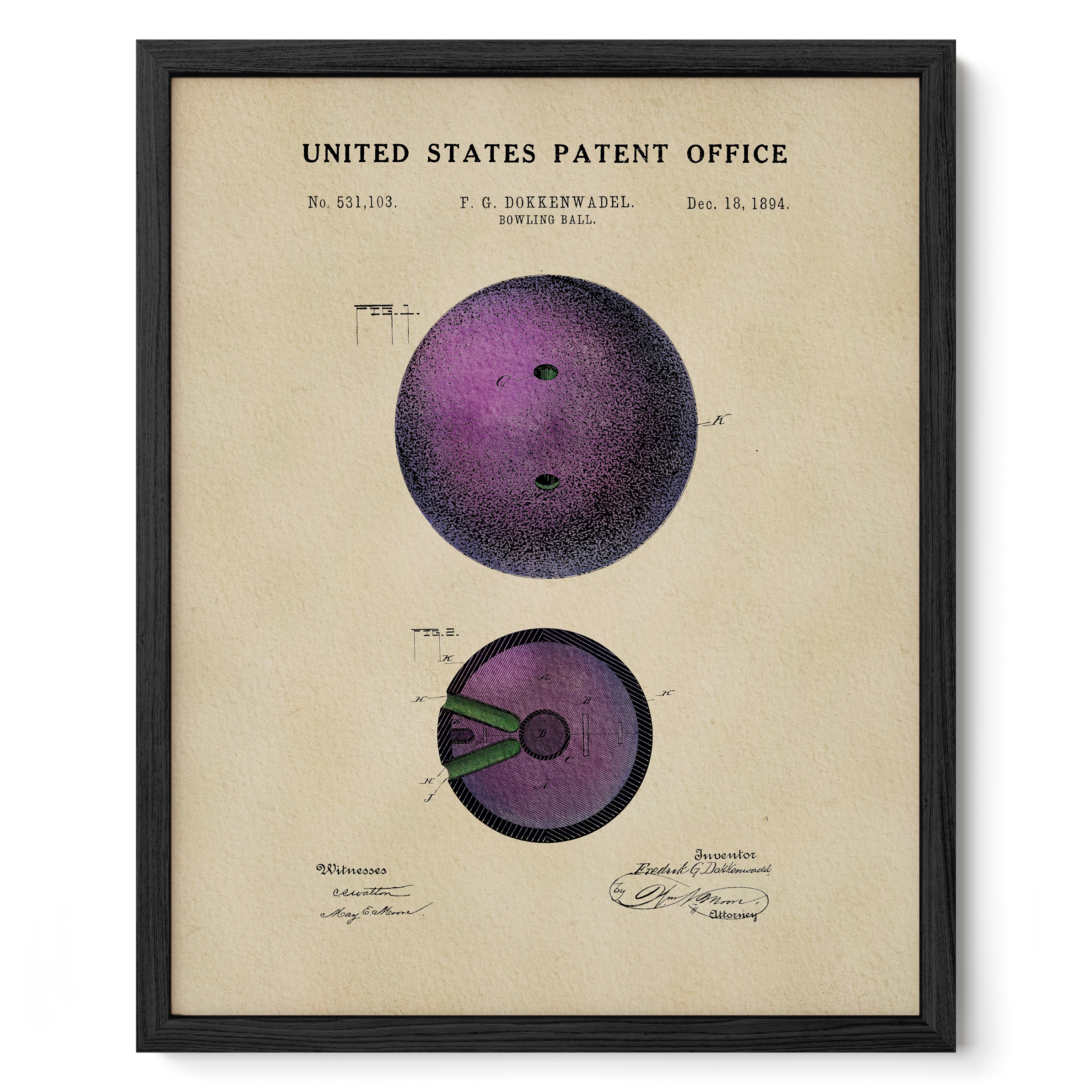 The image is a framed vintage patent drawing of a bowling ball, depicting the design and features of the ball.