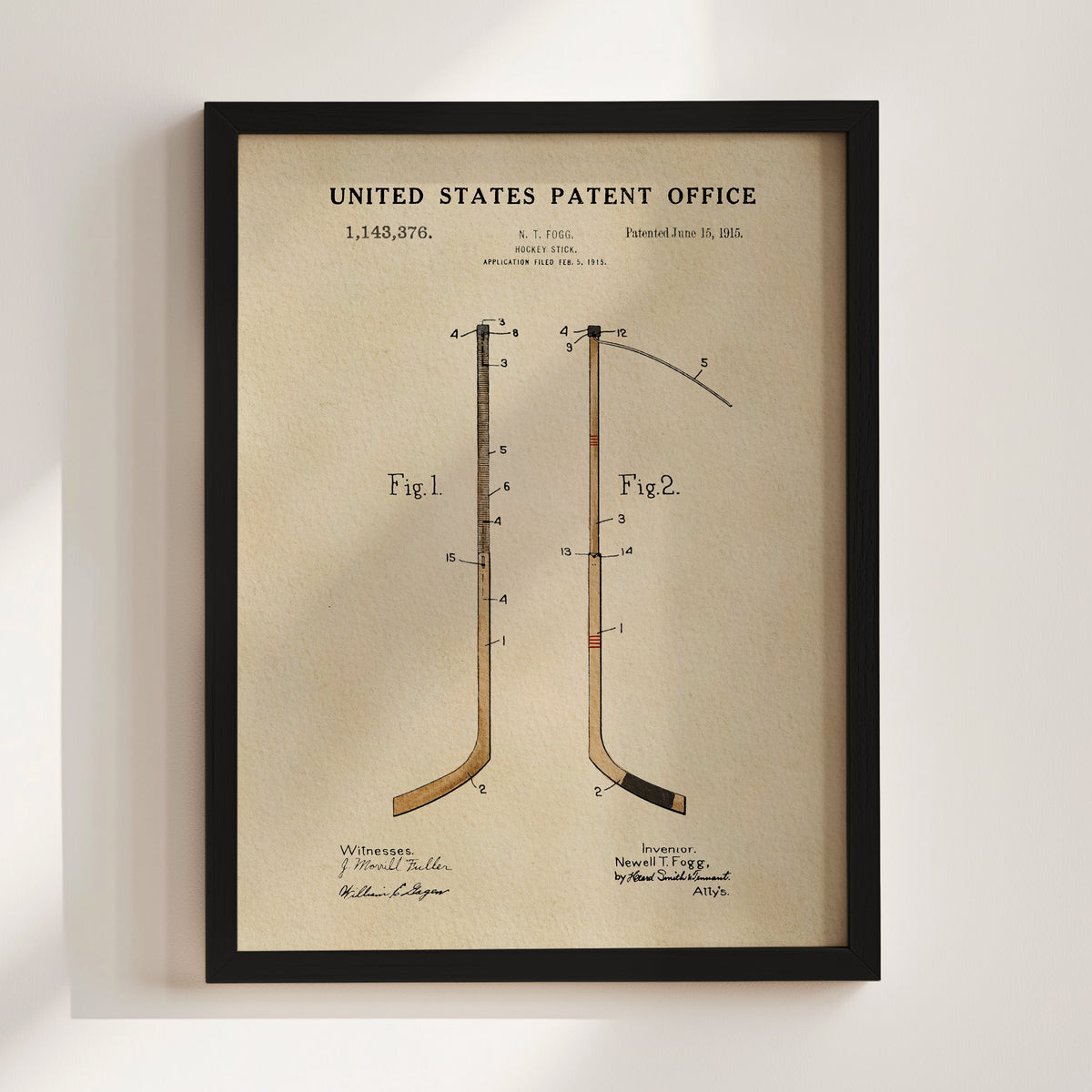 The image is a framed print of a patent drawing from the United States Patent Office, depicting a hockey stick with a diagram and text.