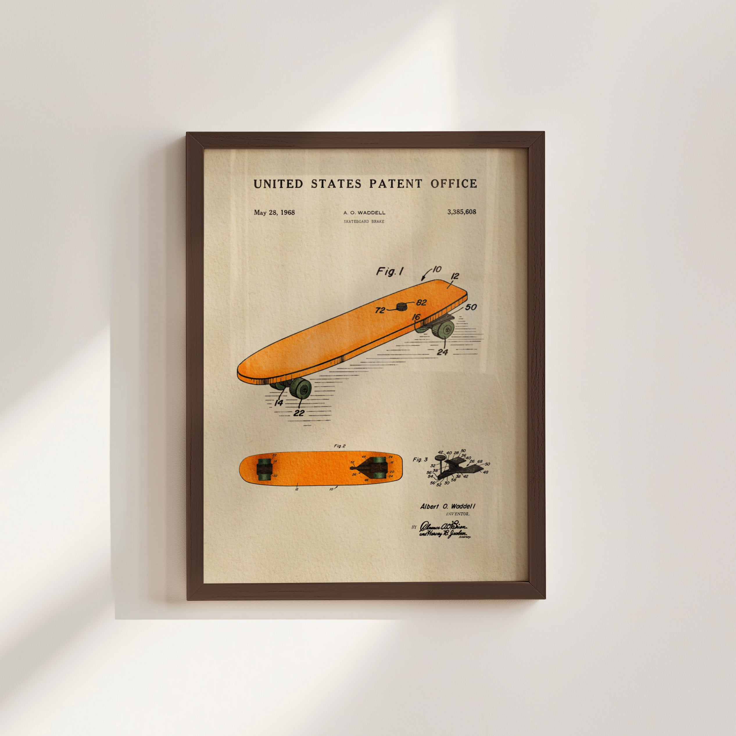 The image is a framed patent drawing depicting a skateboard with various technical drawings and annotations.