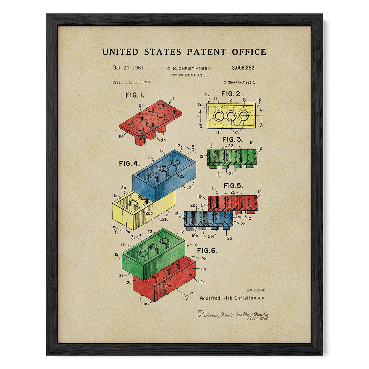 The image is a framed patent drawing depicting various Lego bricks and their corresponding patent applications from the United States Patent Office.