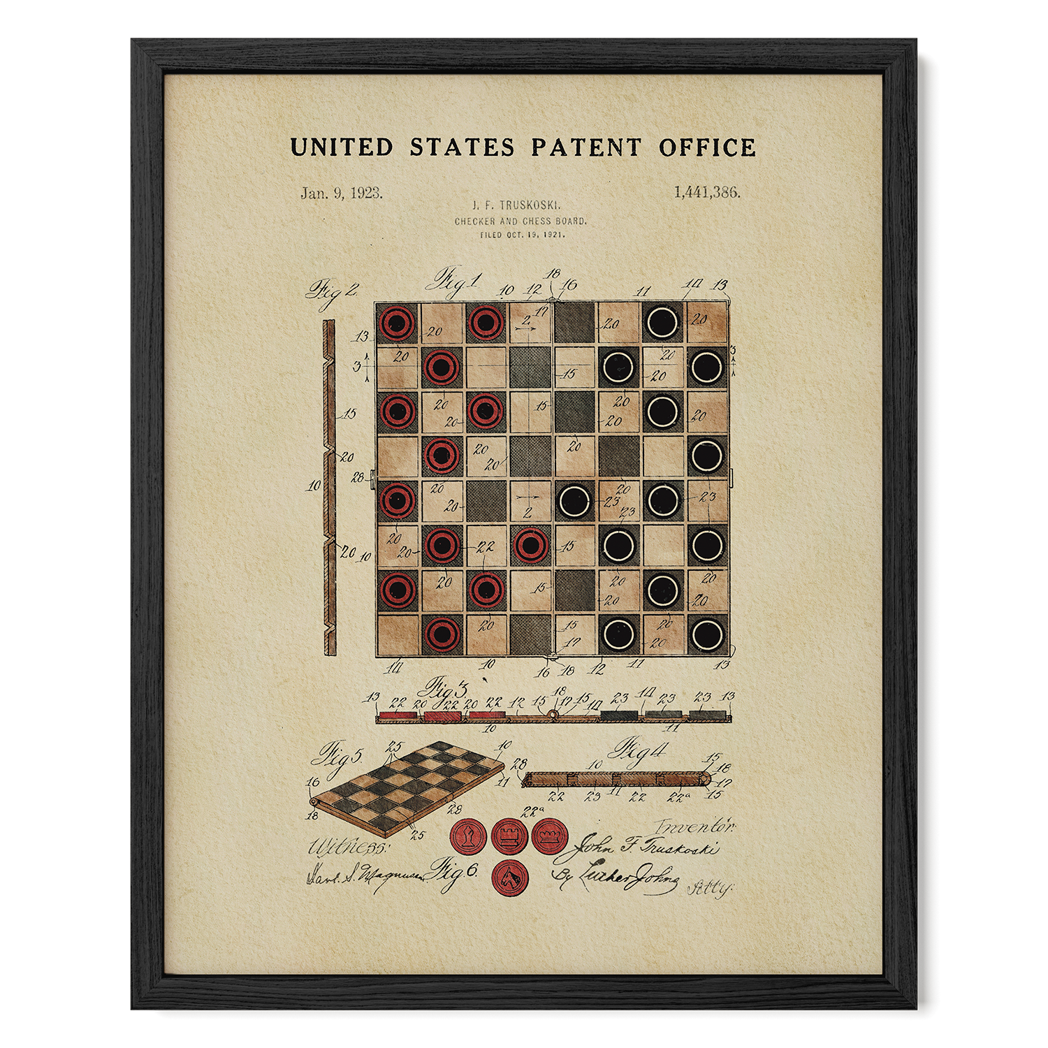 The image is a framed patent drawing depicting a checkerboard with red and black checkers, along with a diagram and text indicating the United States Patent Office.
