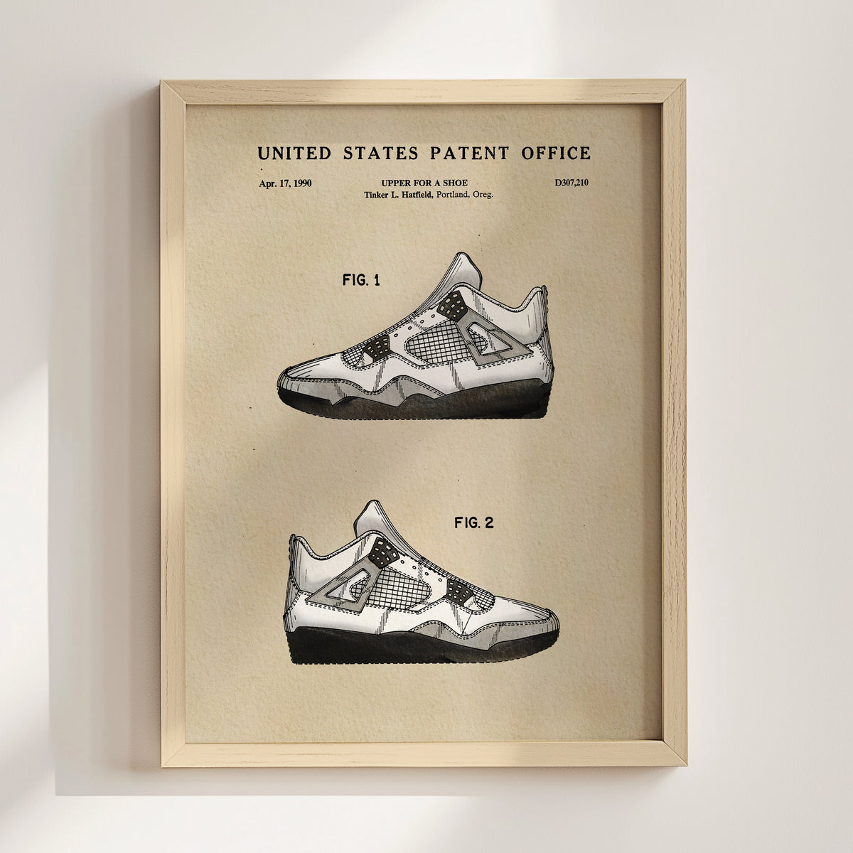 The image is a framed print of a patent filing for a shoe design, featuring two detailed illustrations of the shoe design.