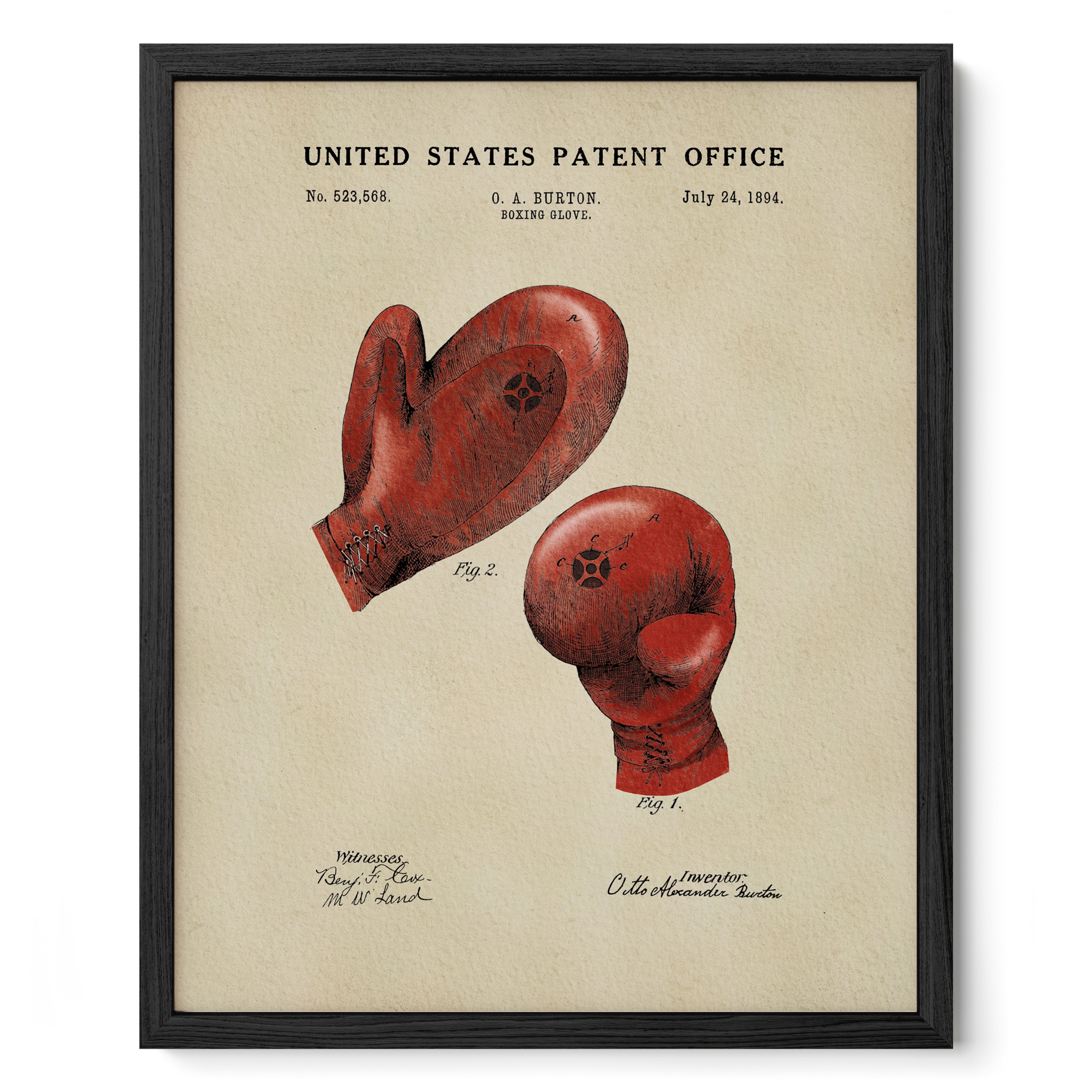 The image is a framed print featuring a red boxing glove and a red boxing glove, along with a patent application dated July 24, 1994.