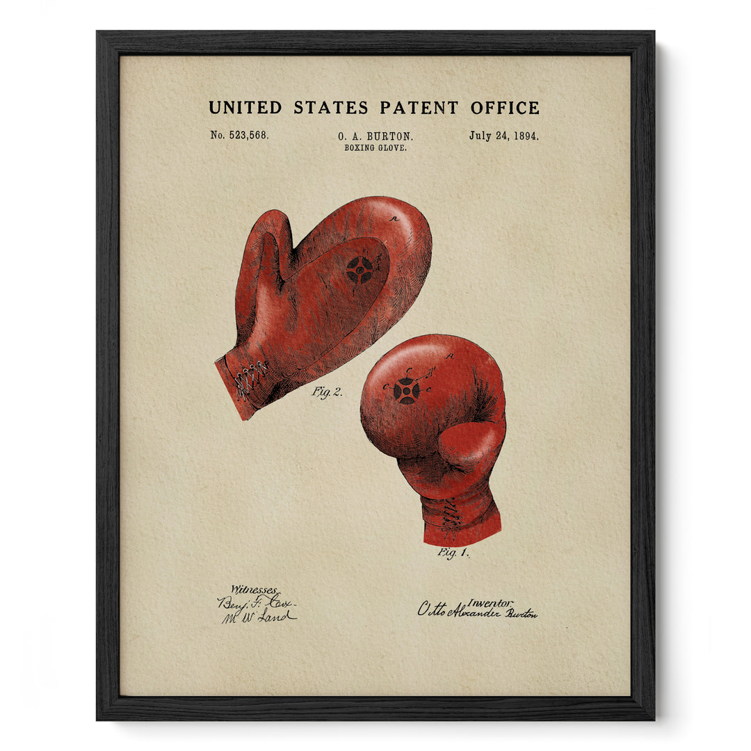 The image is a framed print featuring a red boxing glove and a red boxing glove, along with a patent application dated July 24, 1994.