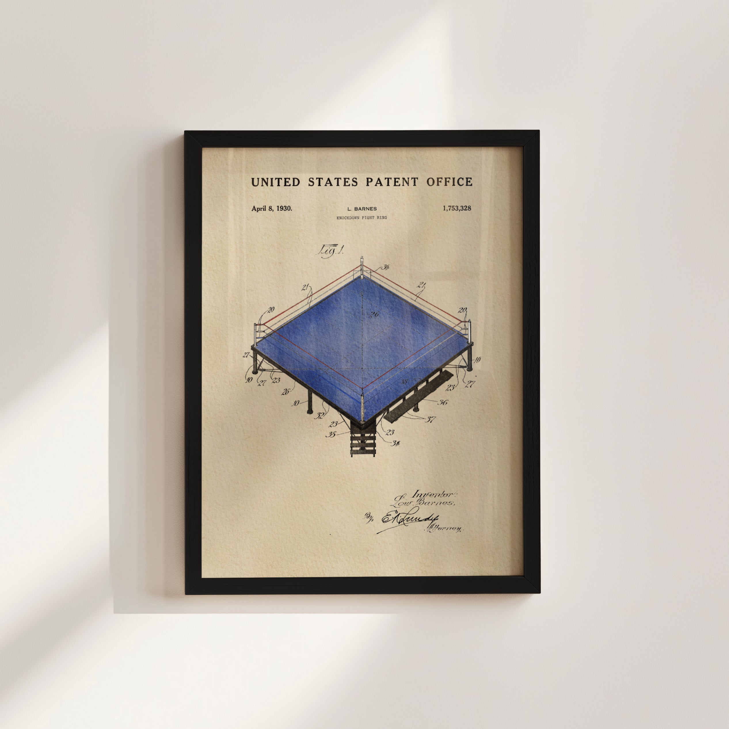 The image is a framed patent drawing depicting a blue structure with a triangular shape, possibly a tent or a building.