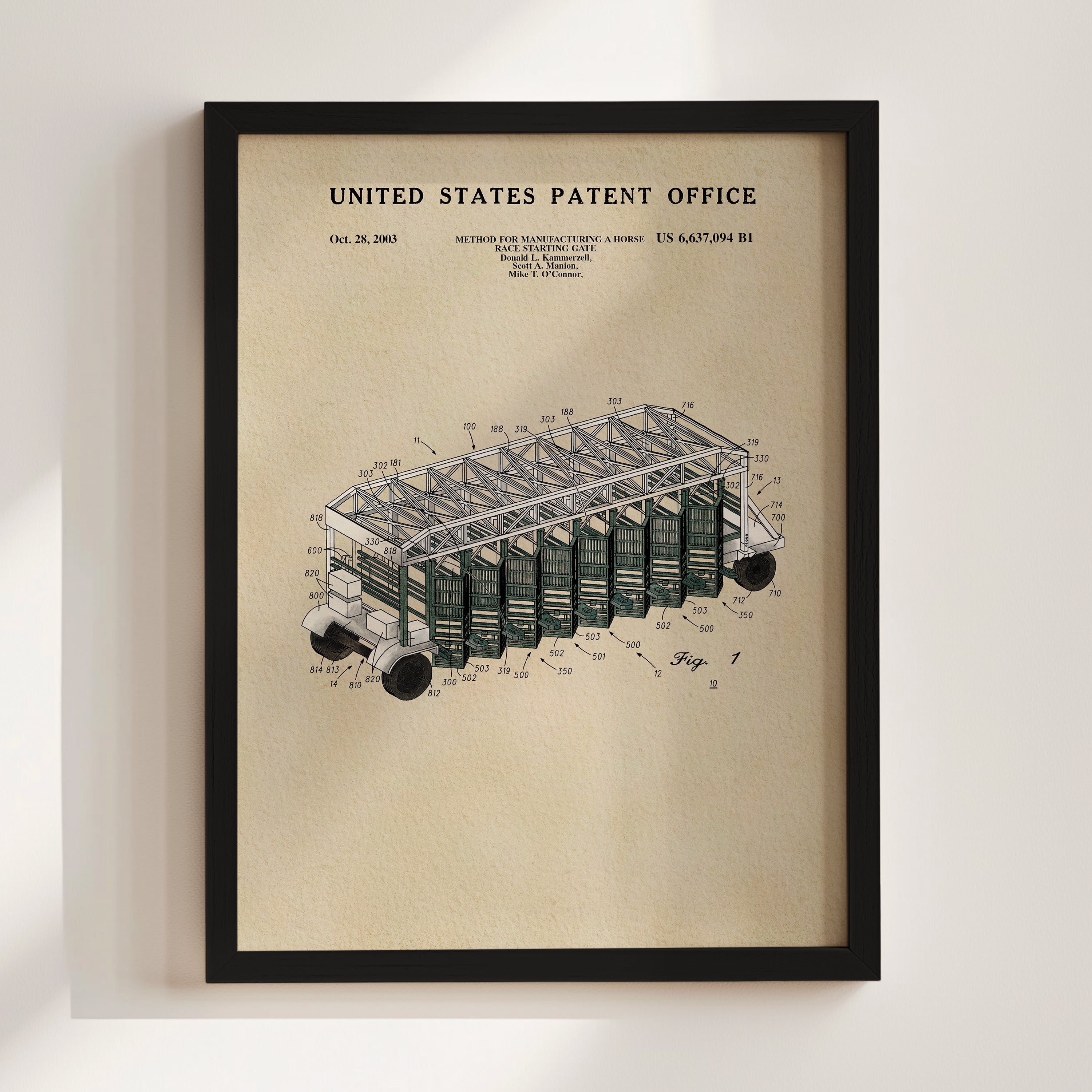 The image is a framed patent drawing depicting a horse-drawn carriage with a detailed illustration of the carriage's structure and components.