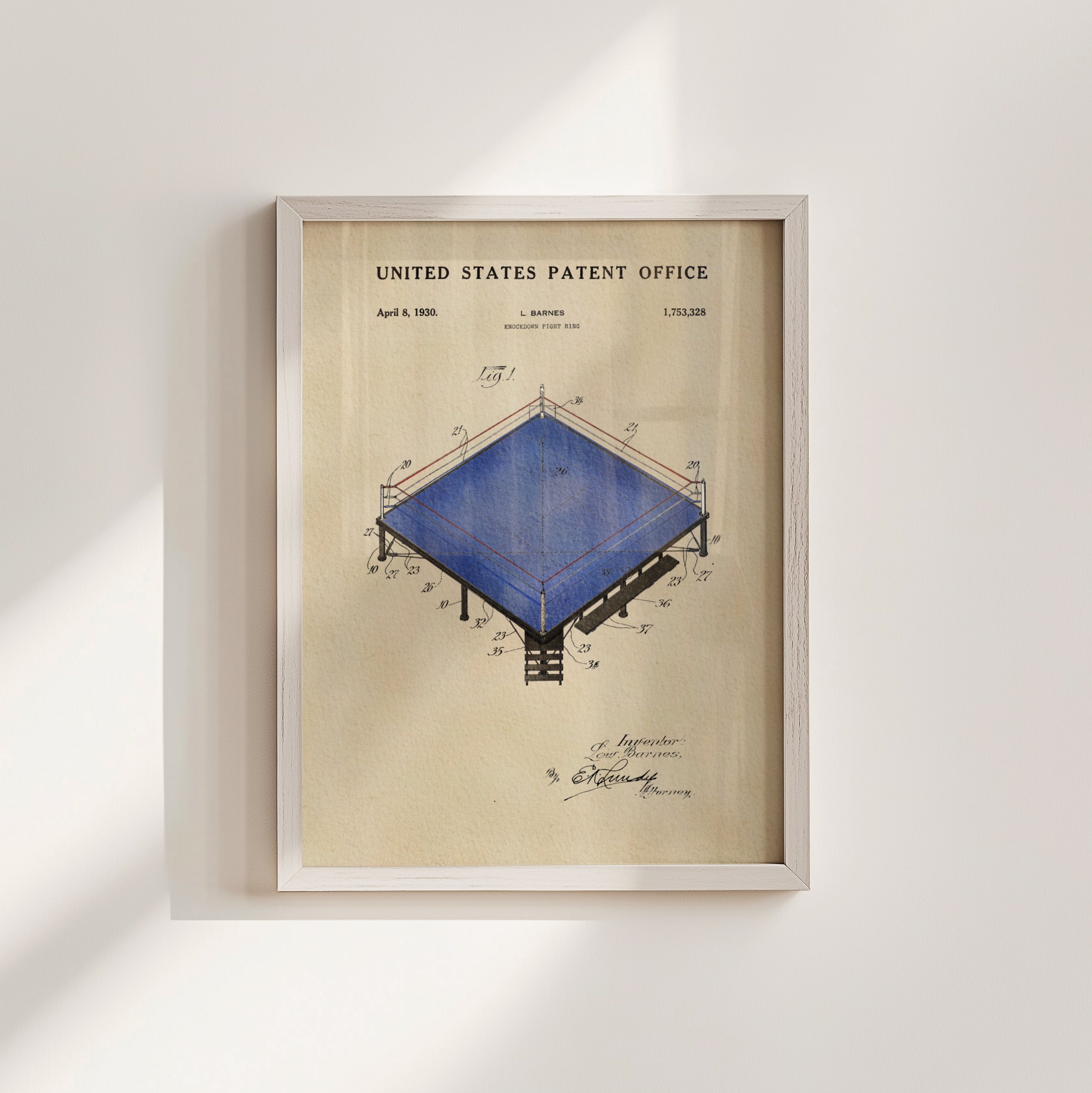 The image is a framed patent drawing depicting a blue structure with various technical drawings and annotations.