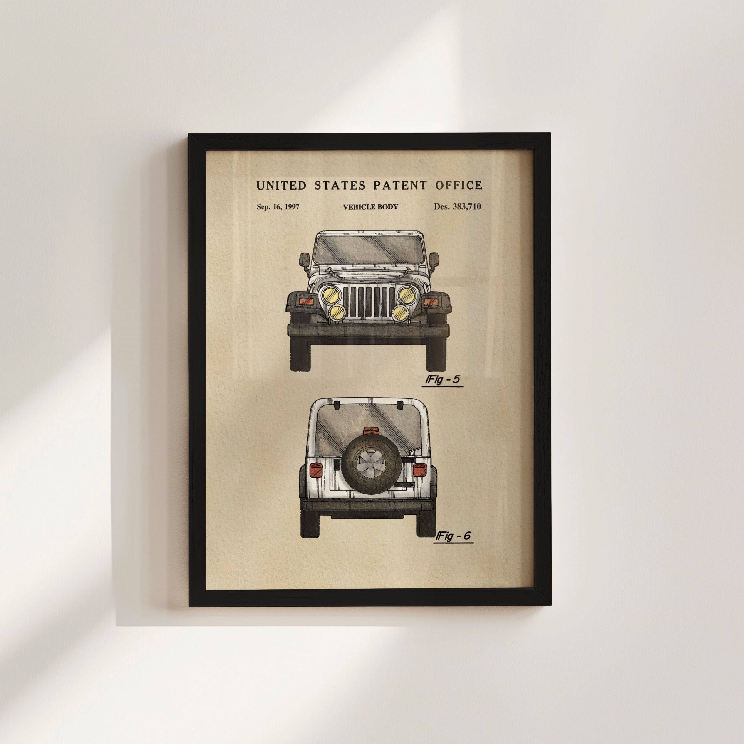 The image is a framed patent drawing of a vehicle, specifically a Jeep, with two views of the vehicle's design.