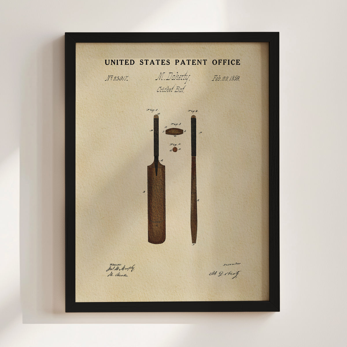 The image is a framed patent drawing depicting a cricket bat and ball, with the text "United States Patent Office" and "M. Tullochy, Stitched Bat" visible.