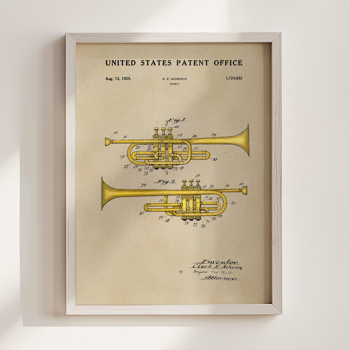 The image is a framed patent drawing of a trumpet, depicting the design and features of the instrument.