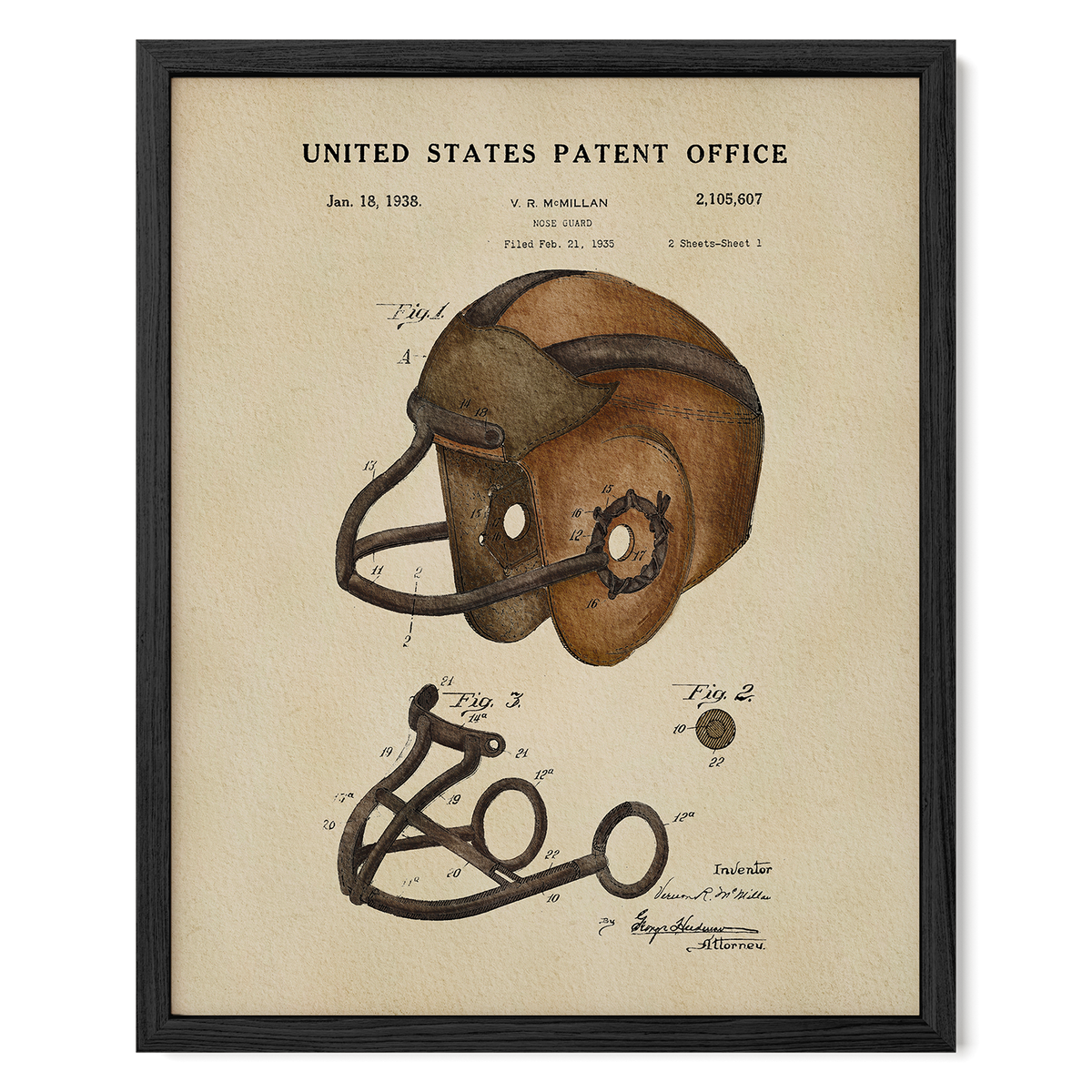 The image is a framed print depicting a vintage football helmet with a detailed illustration and patent filing dated January 18, 1938.