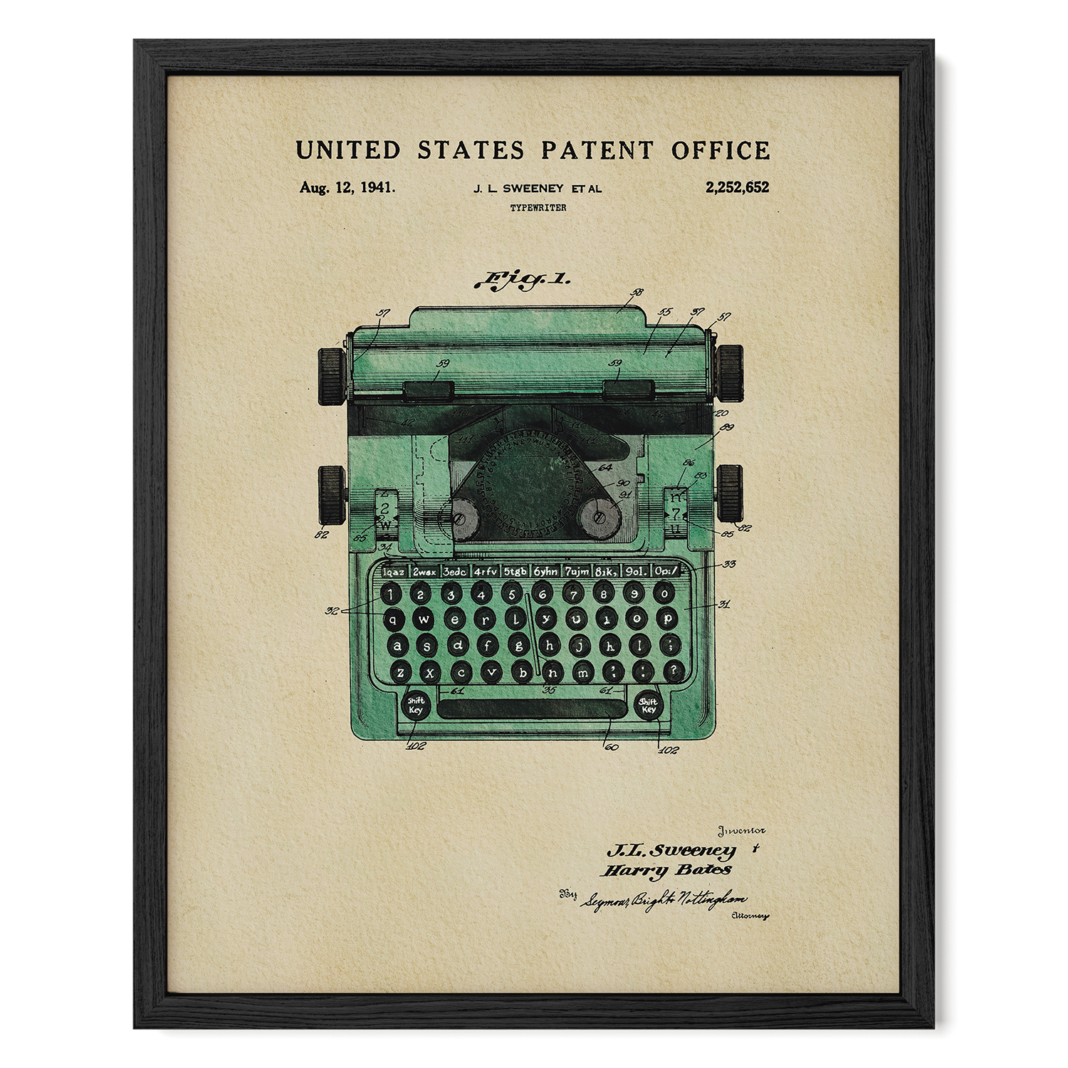 The image is a framed patent drawing of a typewriter, depicting the design and features of the device.