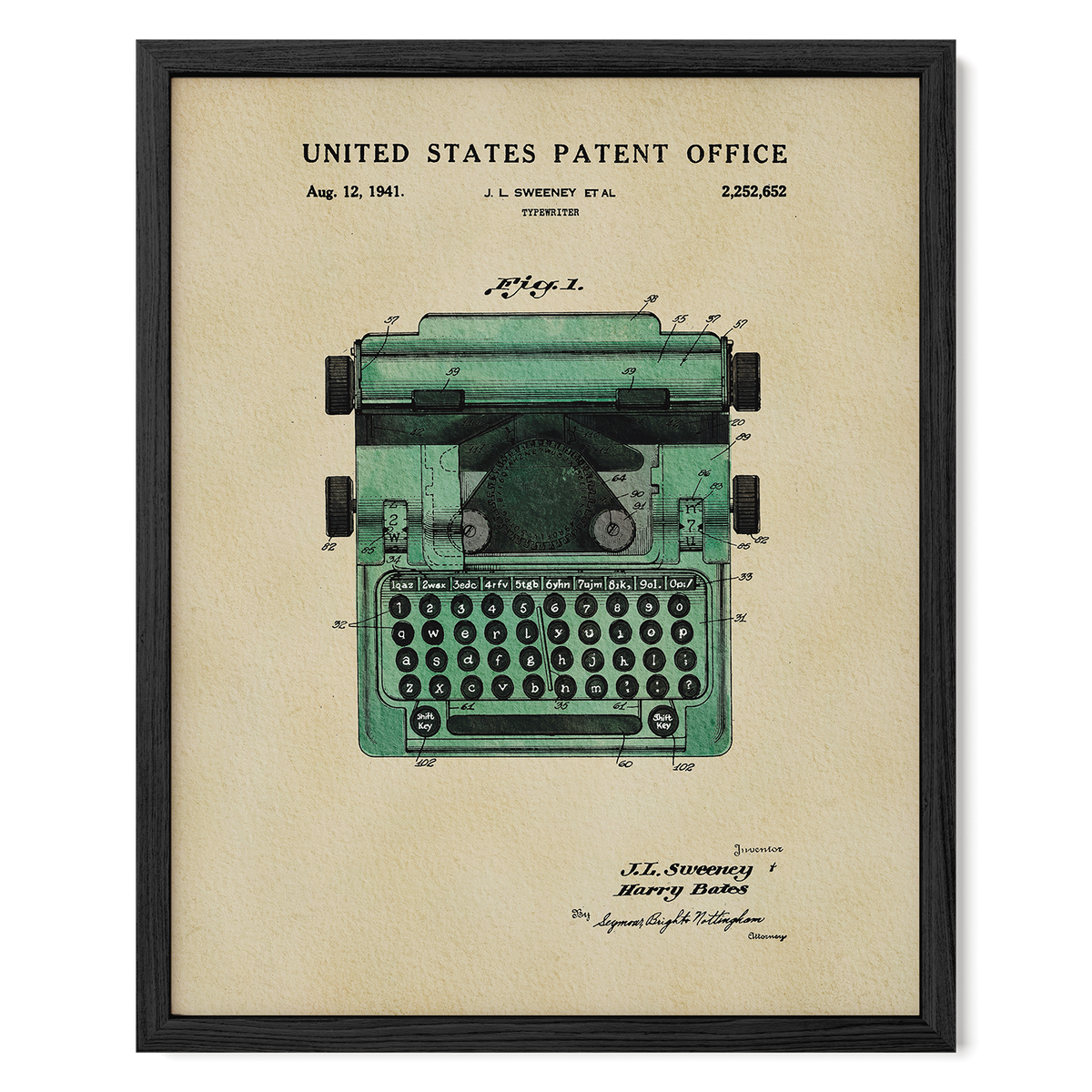 The image is a framed patent drawing of a typewriter, depicting the design and features of the device.