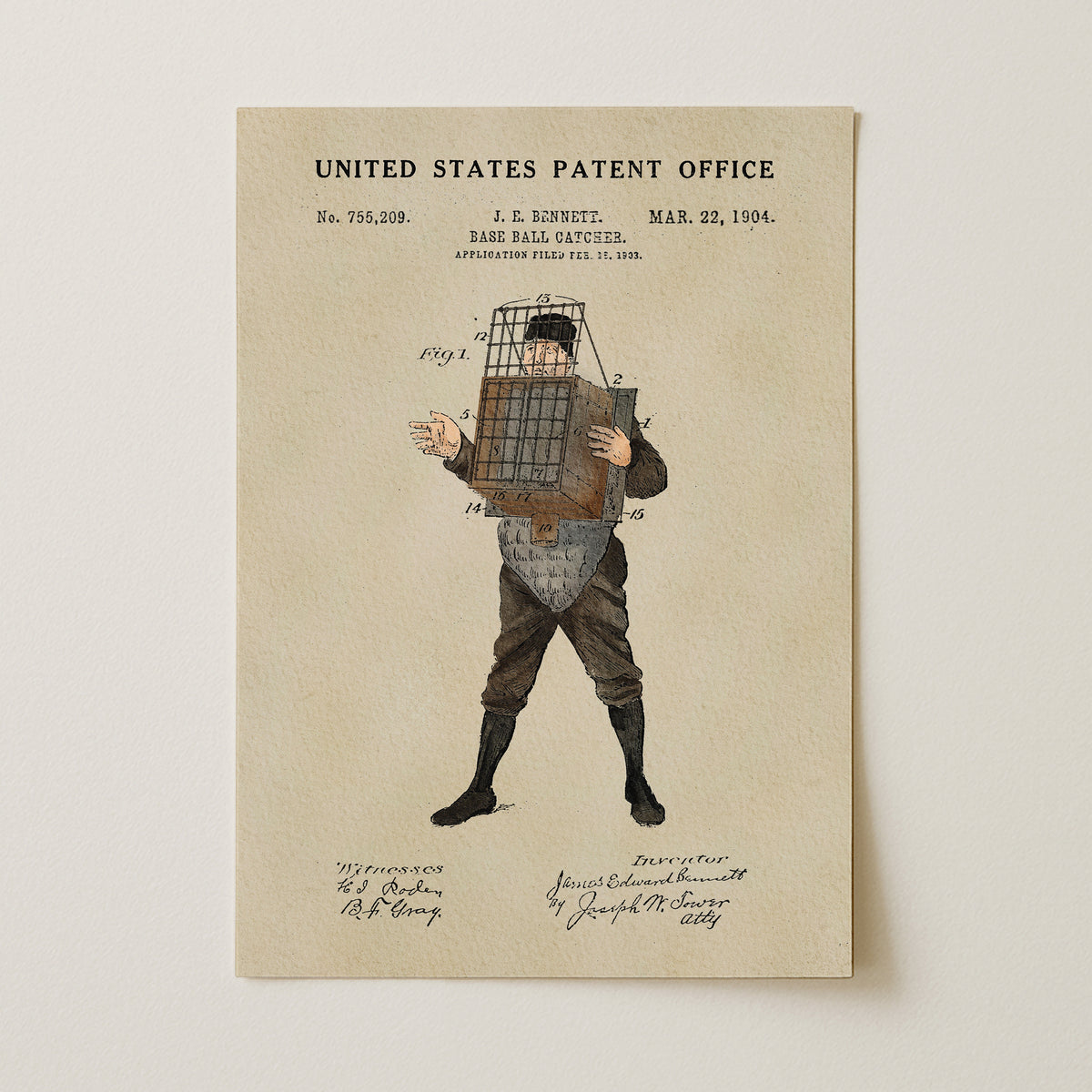 The image is a patent drawing from the United States Patent Office, depicting a man with a cage on his head.