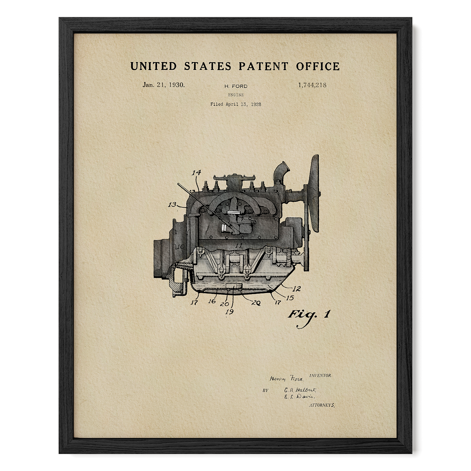 The image is a framed patent drawing depicting an engine, with the United States Patent Office and the date of filing the patent.