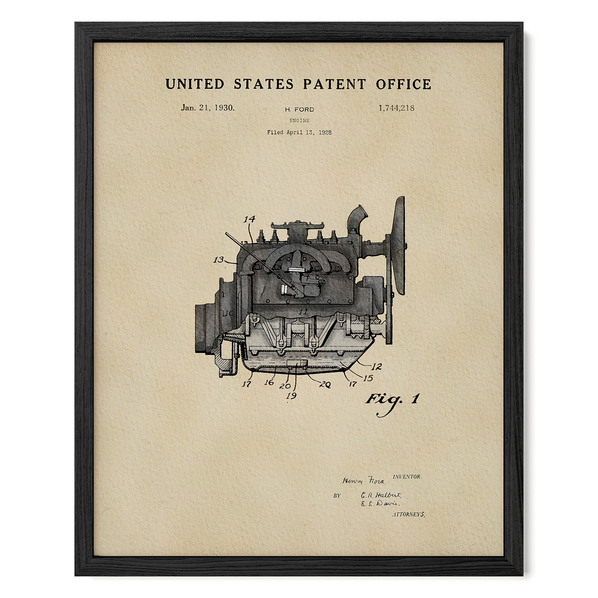 The image is a framed patent drawing depicting an engine, with the United States Patent Office and the date of filing the patent.