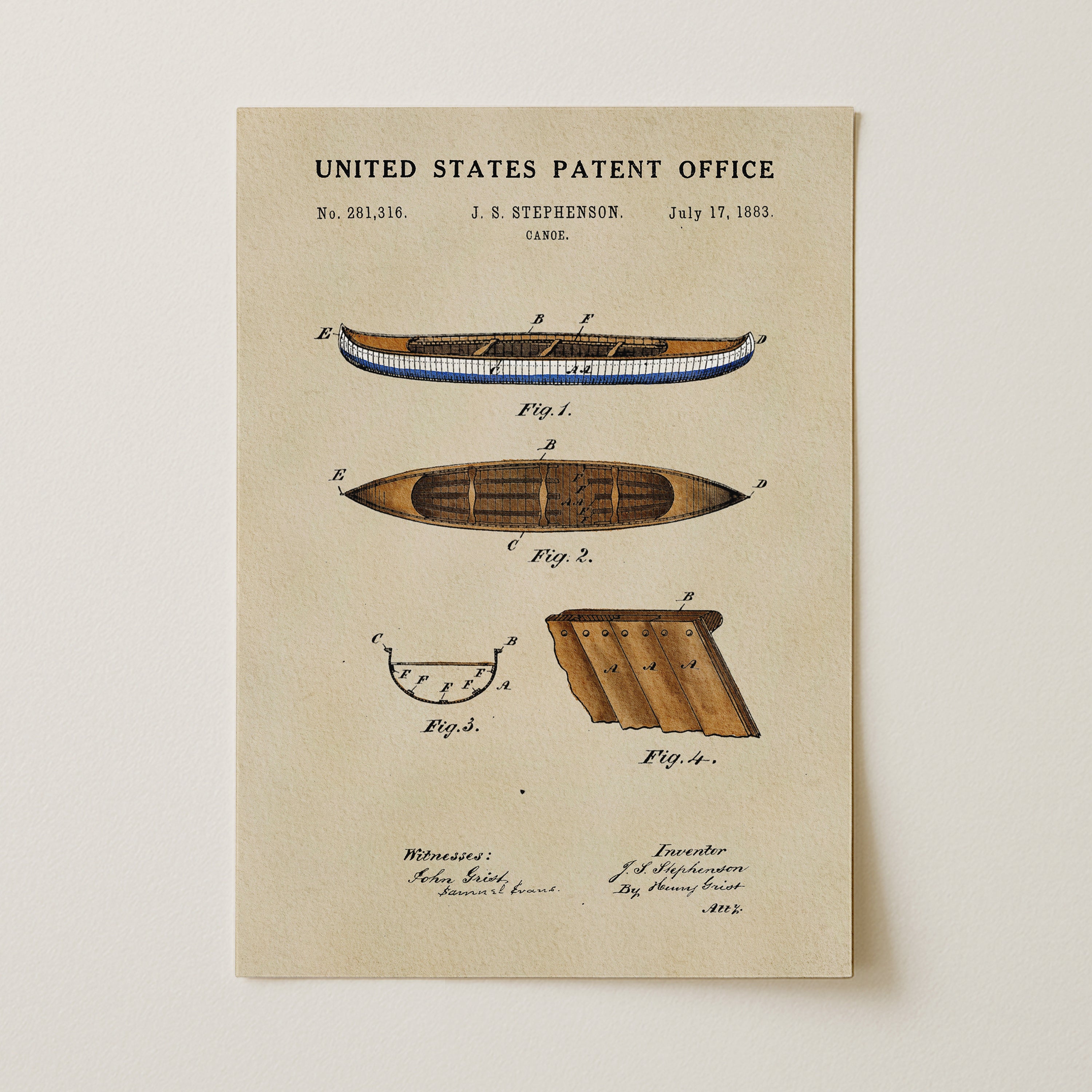 The image is a patent drawing from the United States Patent Office, depicting a canoe and a paddle.
