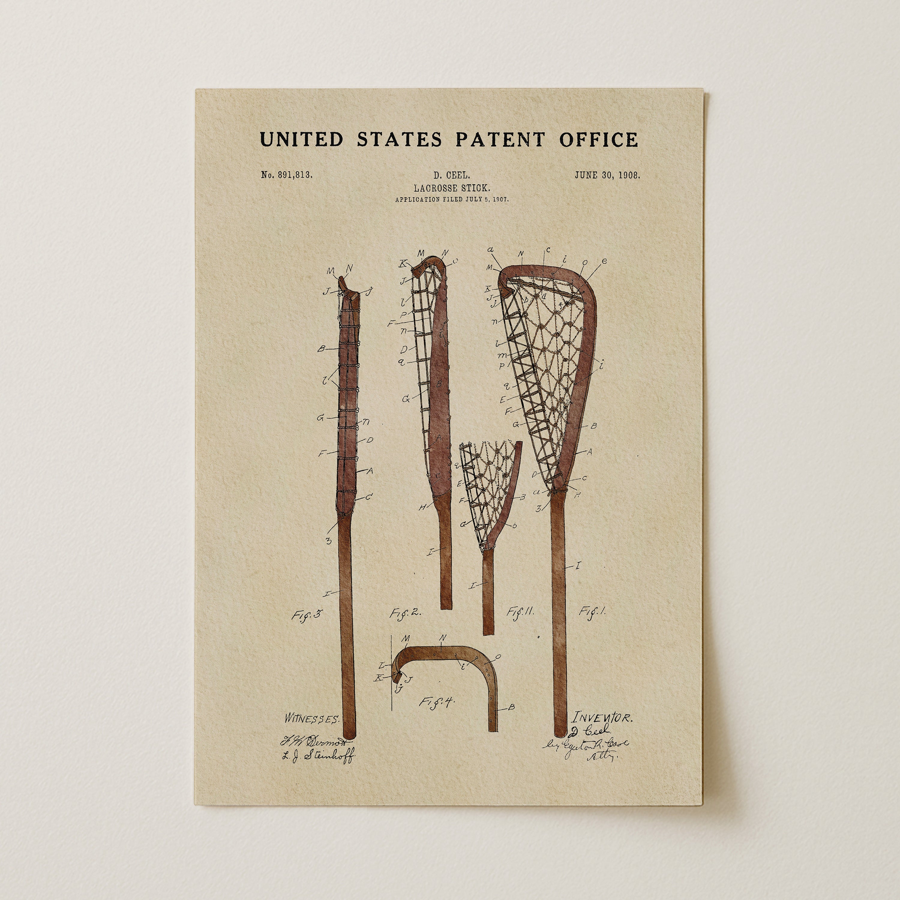 The image is a patent drawing of a lacrosse stick, depicting the various parts of the stick and its components.