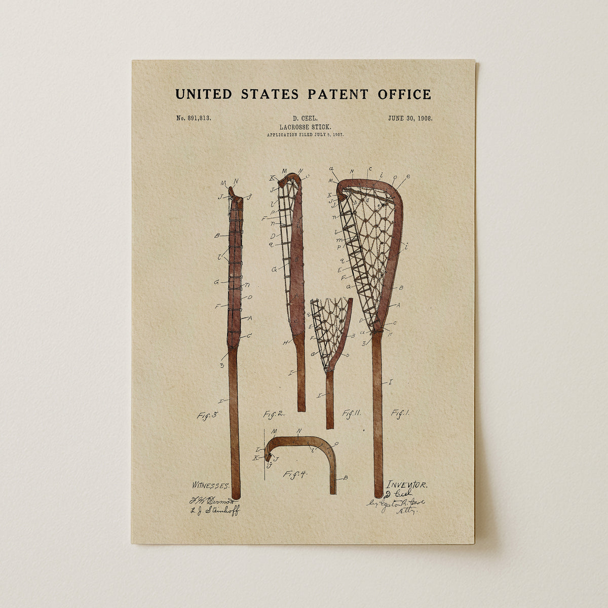 The image is a patent drawing of a lacrosse stick, depicting the various parts of the stick and its components.