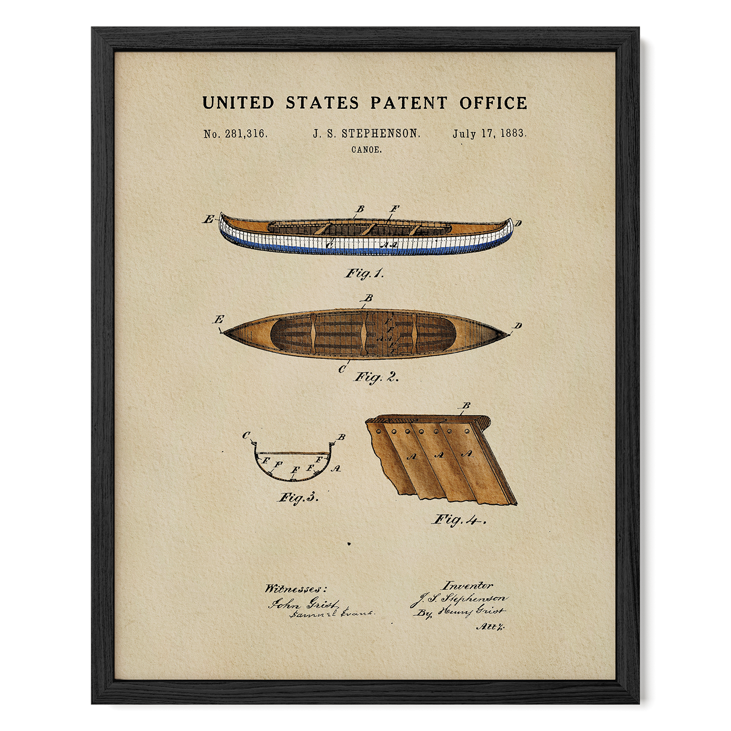 The image is a framed patent drawing depicting a boat, specifically a canoe, with accompanying technical drawings and annotations.