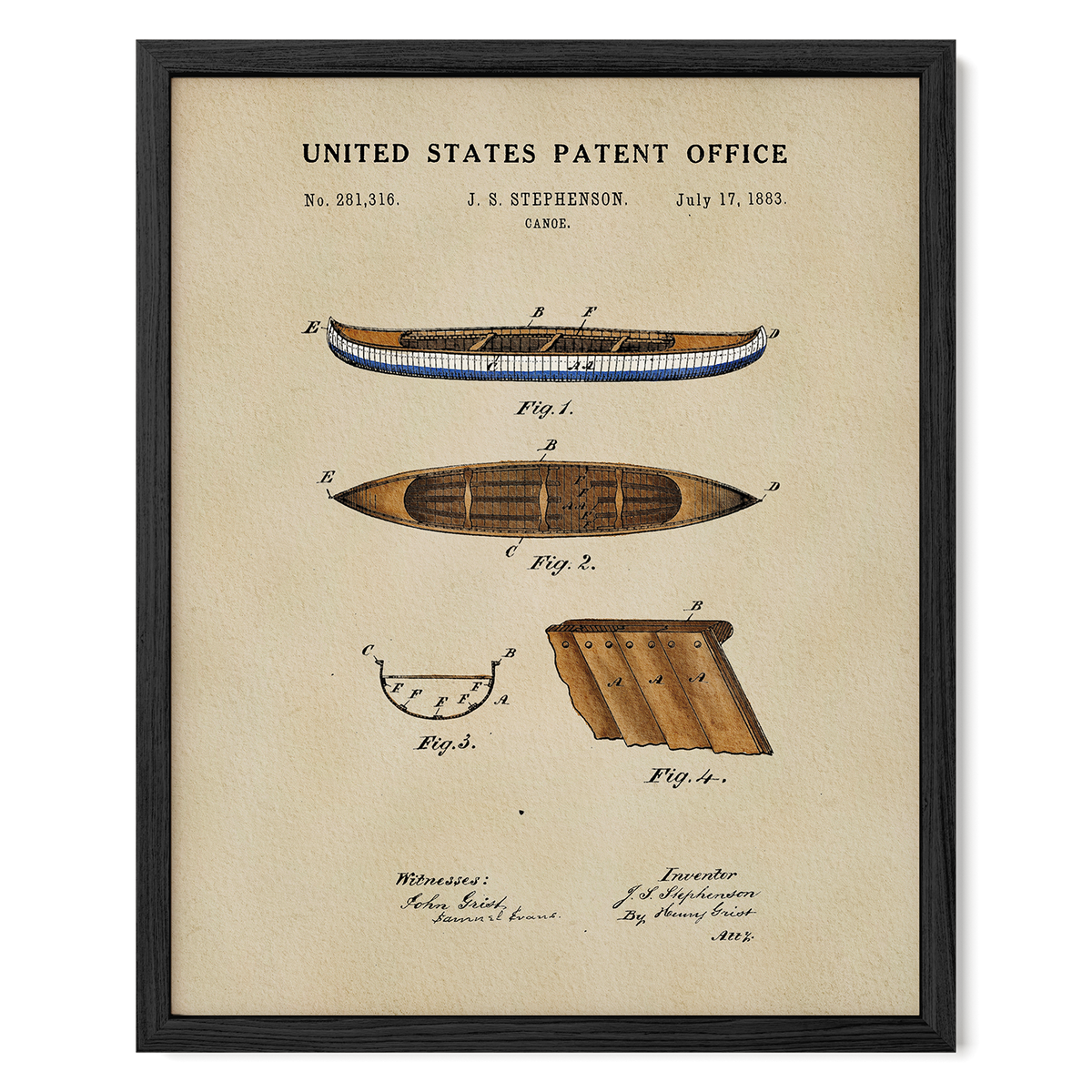 The image is a framed patent drawing depicting a boat, specifically a canoe, with accompanying technical drawings and annotations.