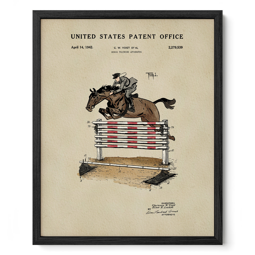 The image is a framed print depicting a horse and rider jumping over a red and white obstacle, likely a hurdle or gate, as part of a horse training activity.