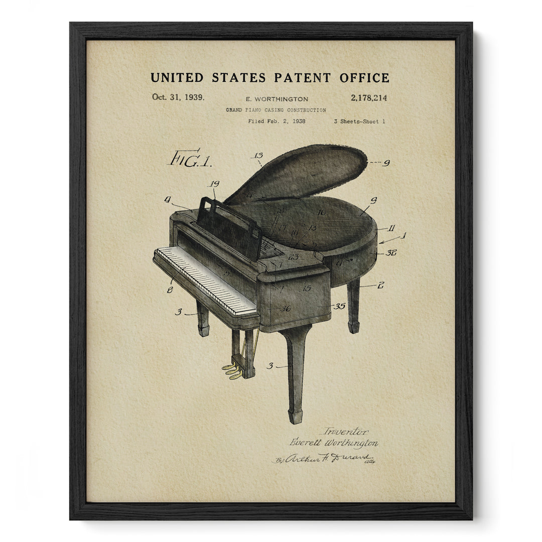The image is a framed patent drawing of a grand piano, depicting its design and construction.