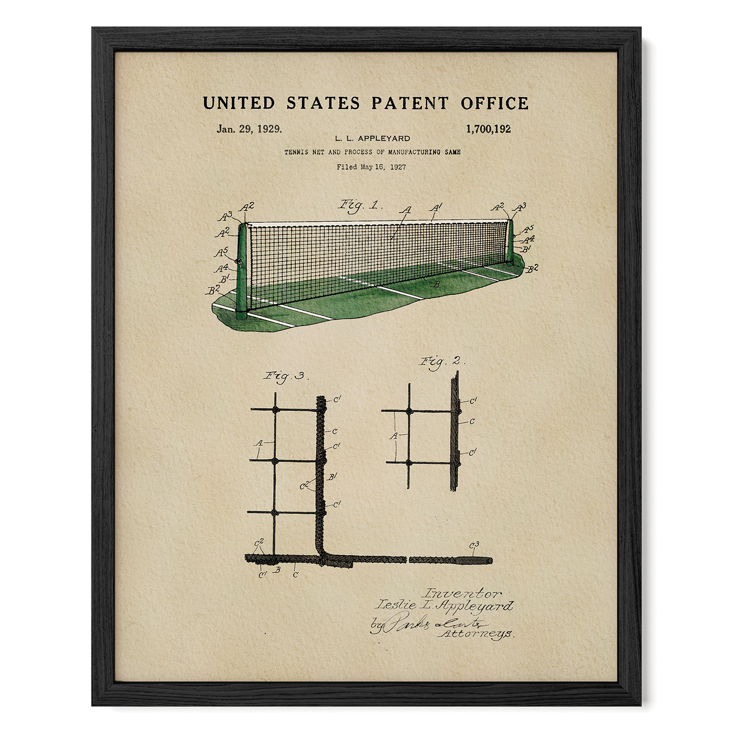 The image is a framed patent drawing from the United States Patent Office, depicting a tennis net and its components.