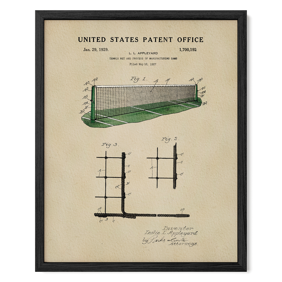The image is a framed patent drawing from the United States Patent Office, depicting a tennis net and its components.