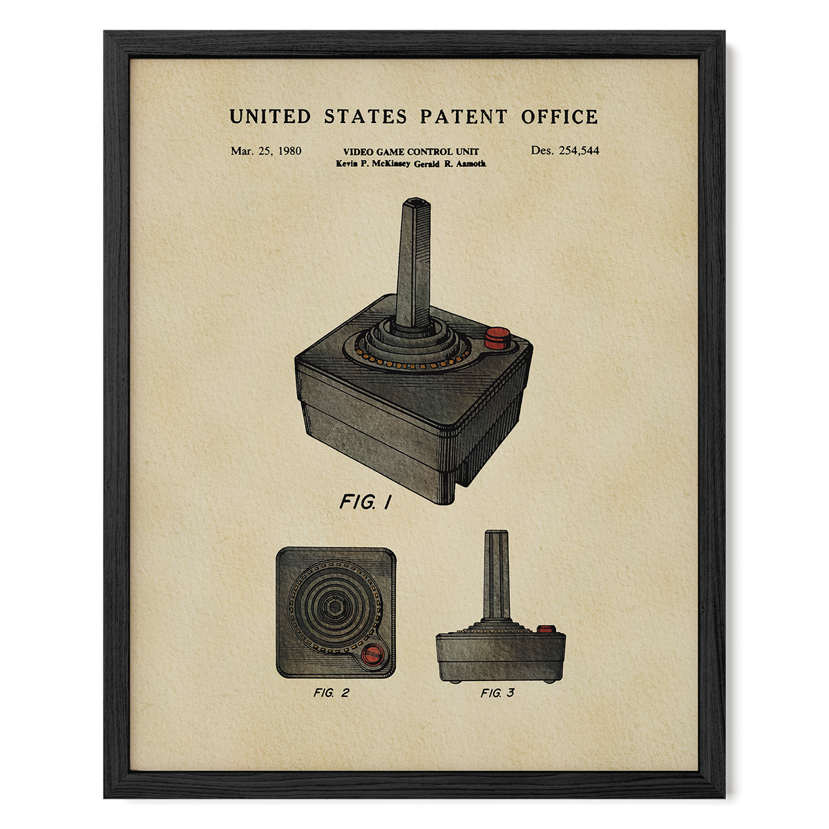 The image is a framed patent drawing of a joystick from the 1980s, depicting the joystick in three different views.