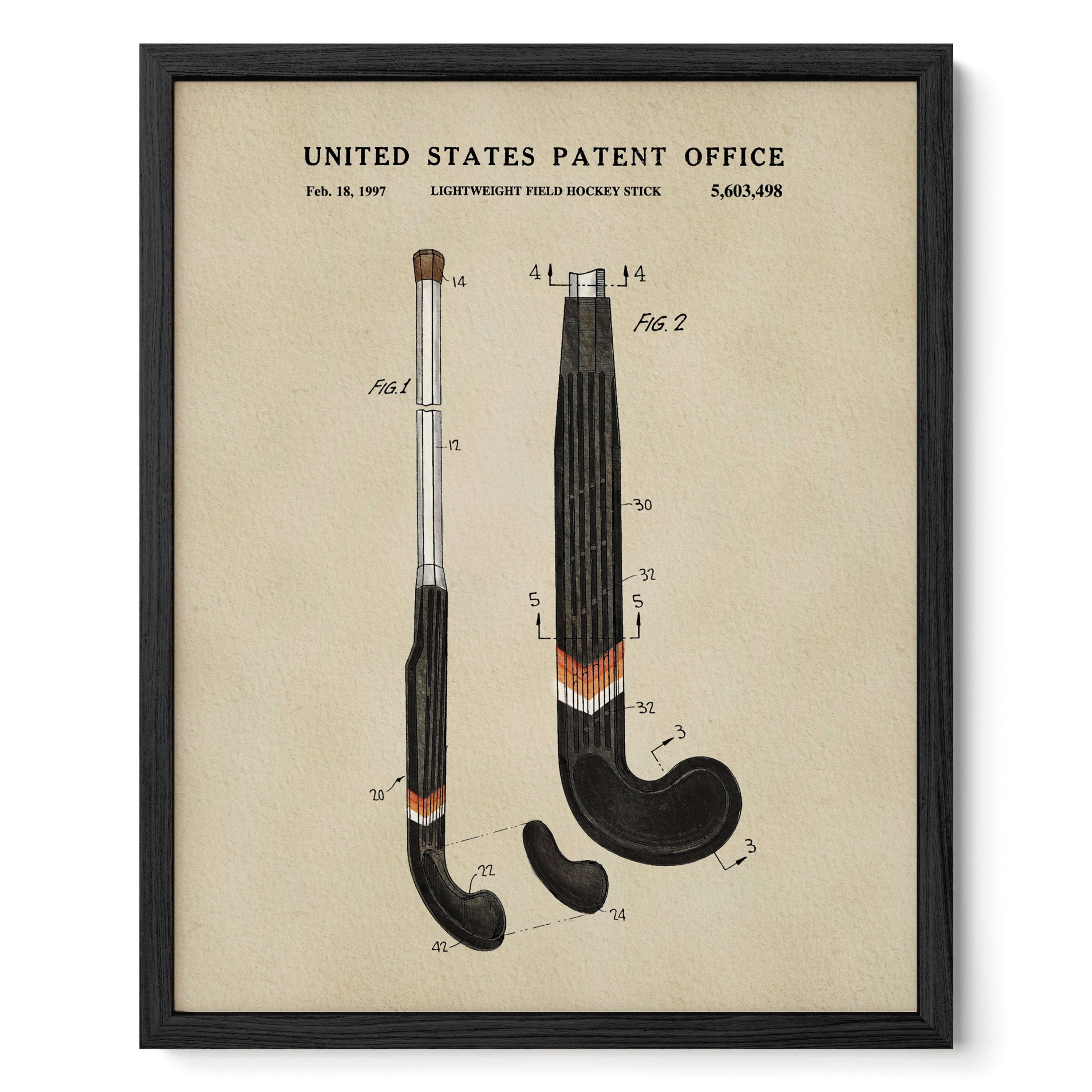 The image is a framed print depicting a patent application for a lightweight hockey stick.