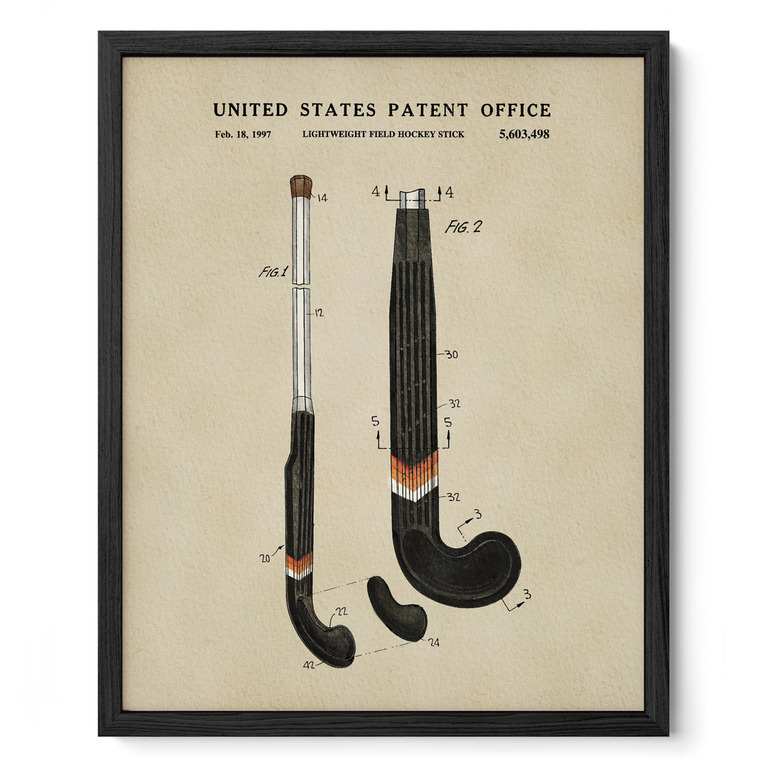 The image is a framed print depicting a patent application for a lightweight hockey stick.