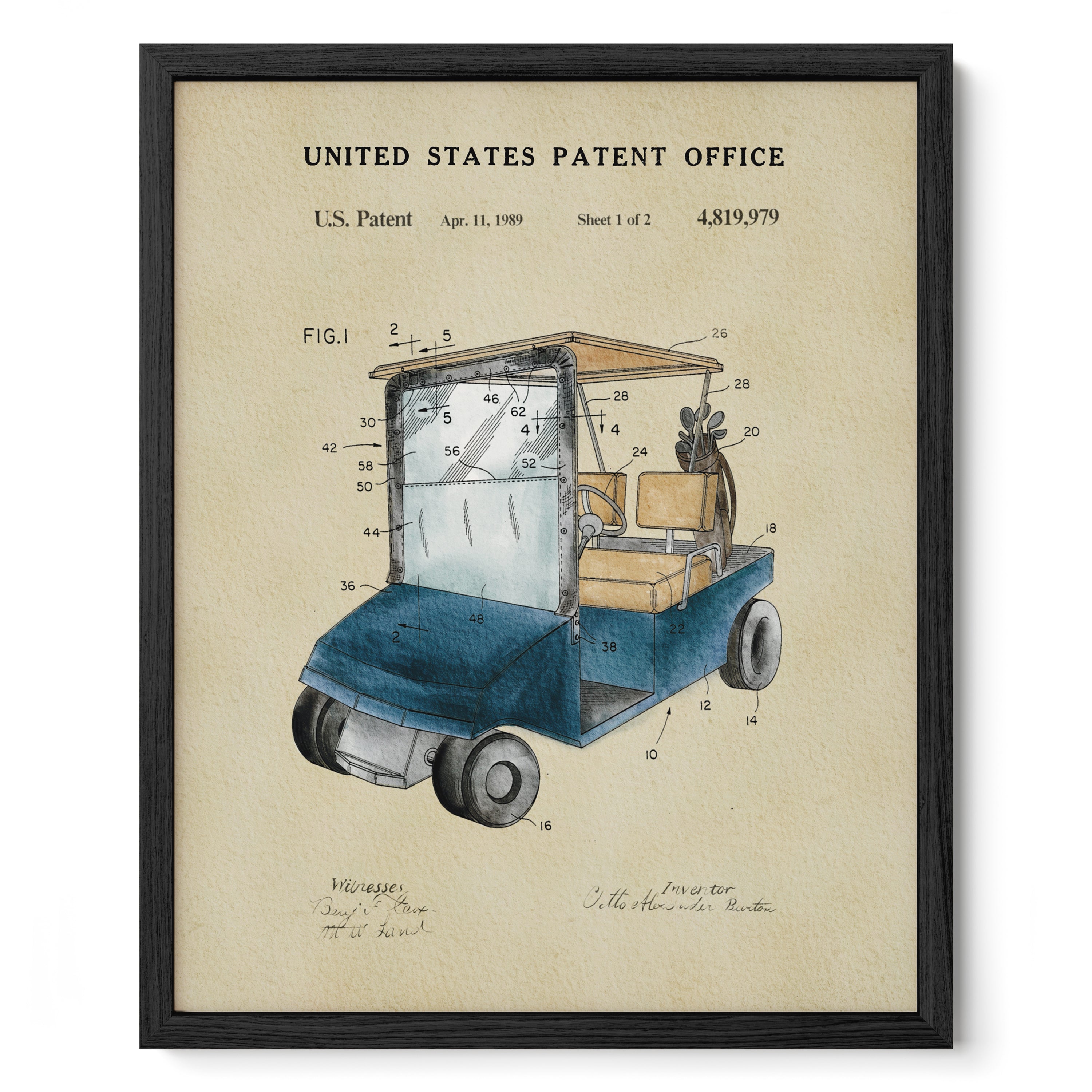 The image is a framed print depicting a golf cart from the United States Patent Office, dated April 11, 1989, with a total of 2 patent applications.