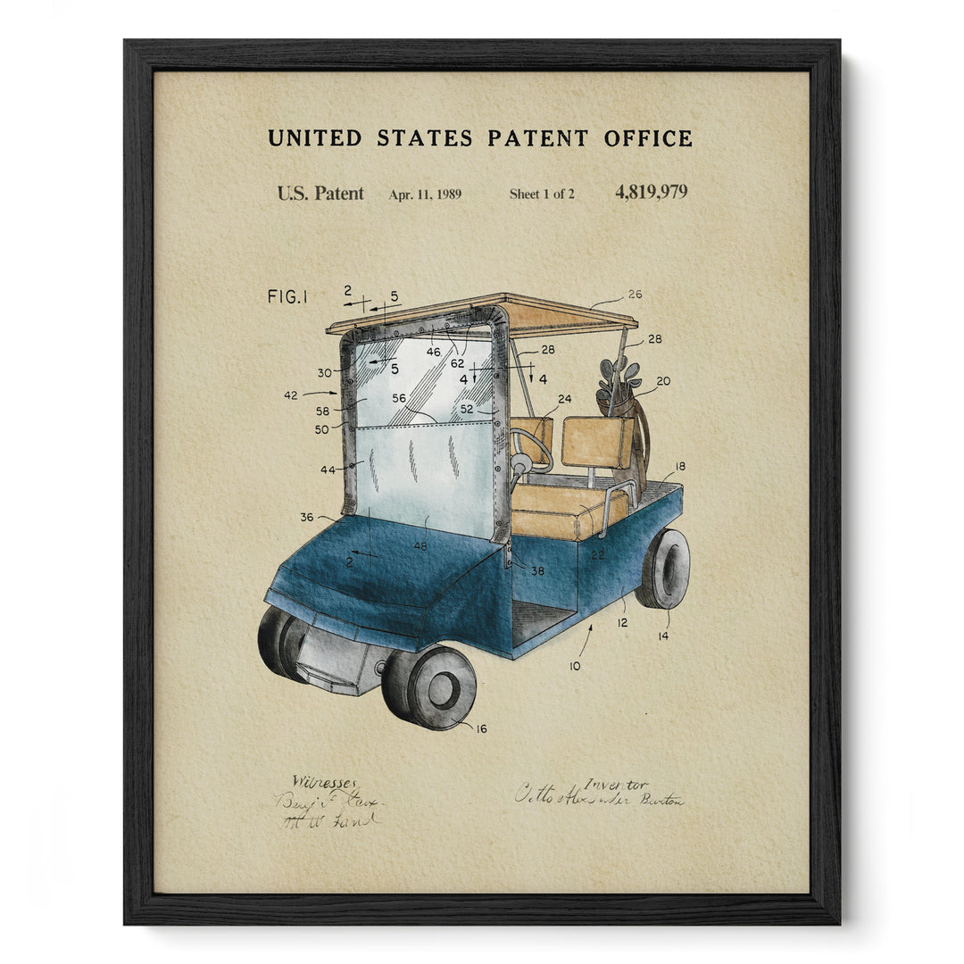 The image is a framed print depicting a golf cart from the United States Patent Office, dated April 11, 1989, with a total of 2 patent applications.