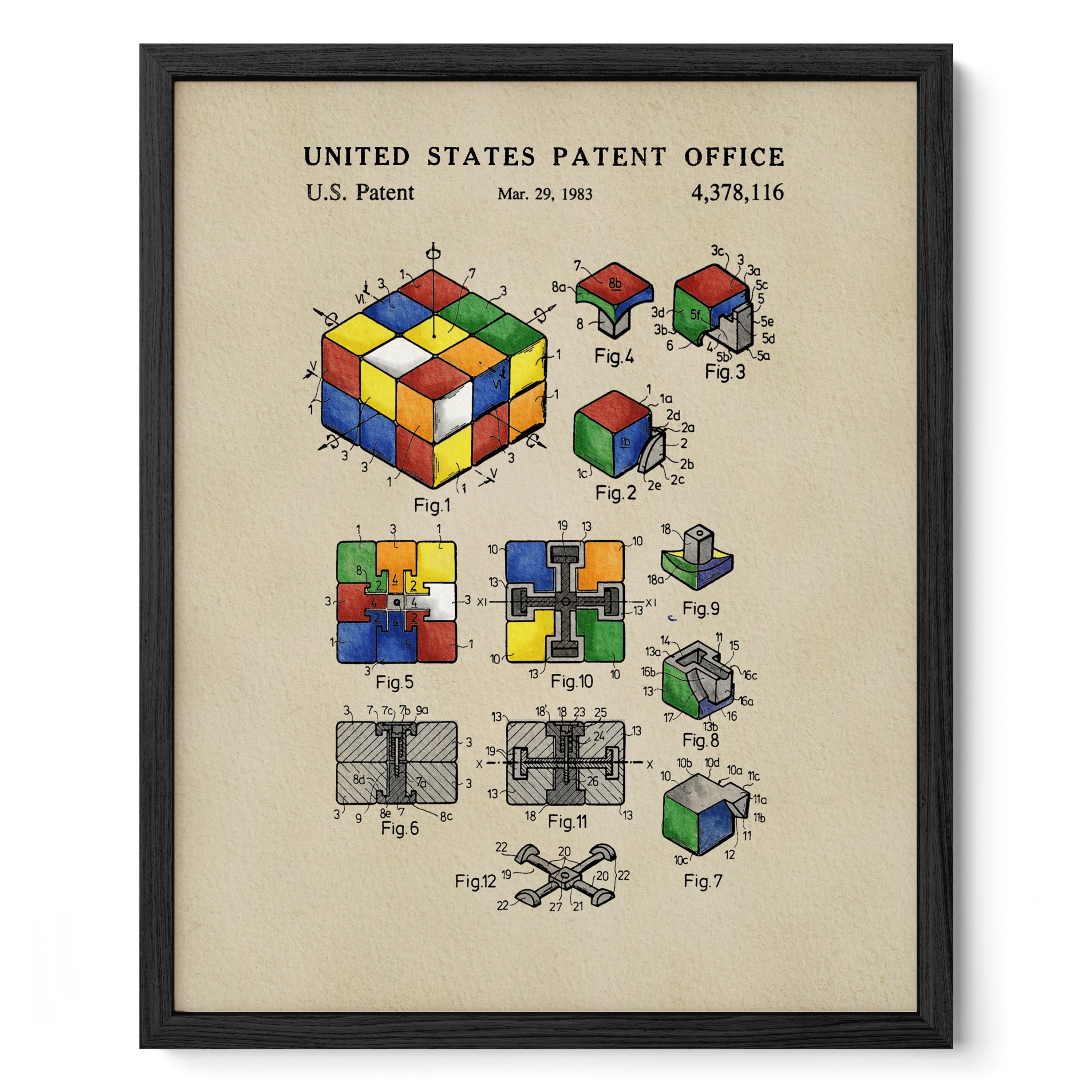 The image is a framed patent drawing depicting a Rubik's cube and its various components, including the cube itself and the individual pieces.