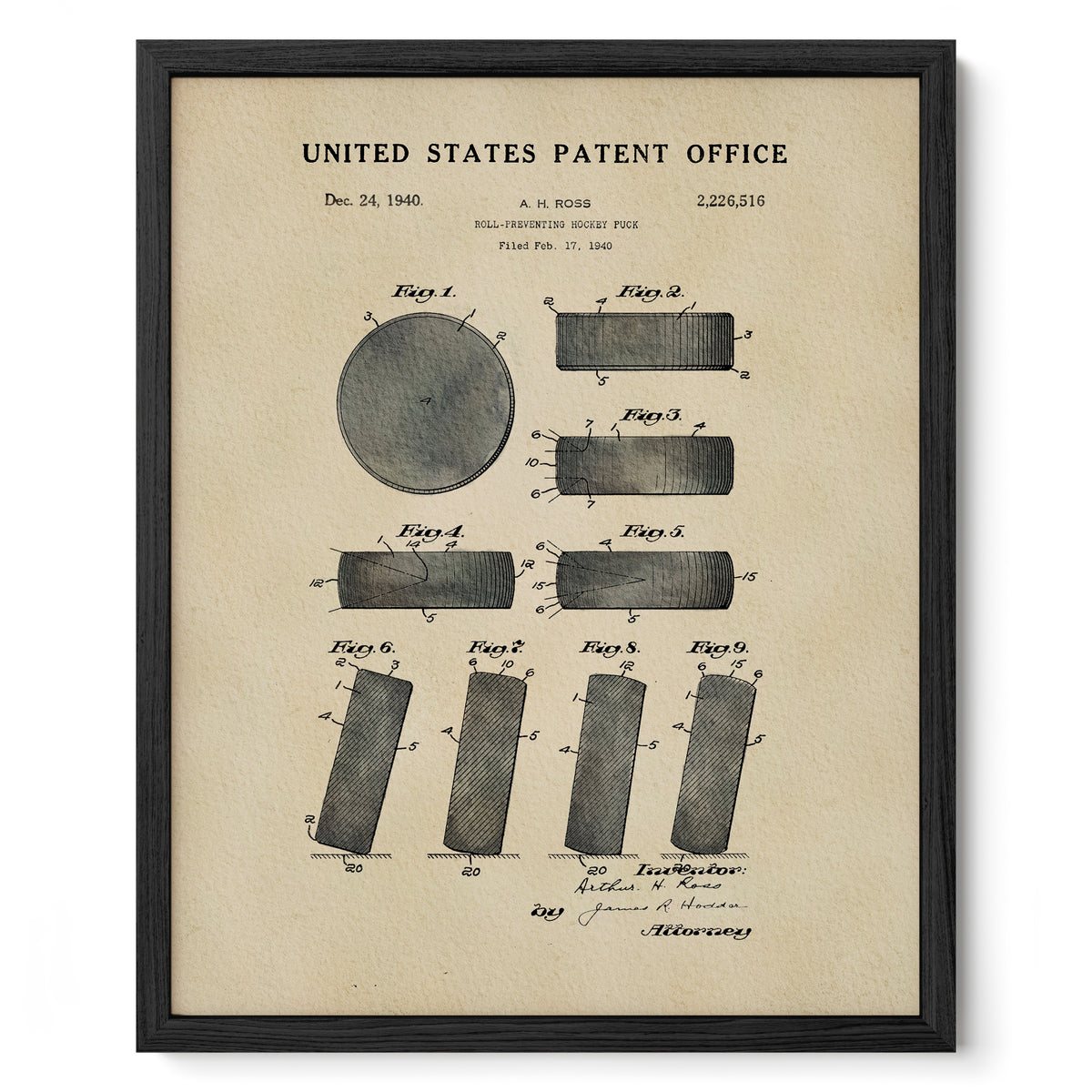 The image is a framed patent drawing from the United States Patent Office, depicting a hockey puck with various technical drawings and specifications.