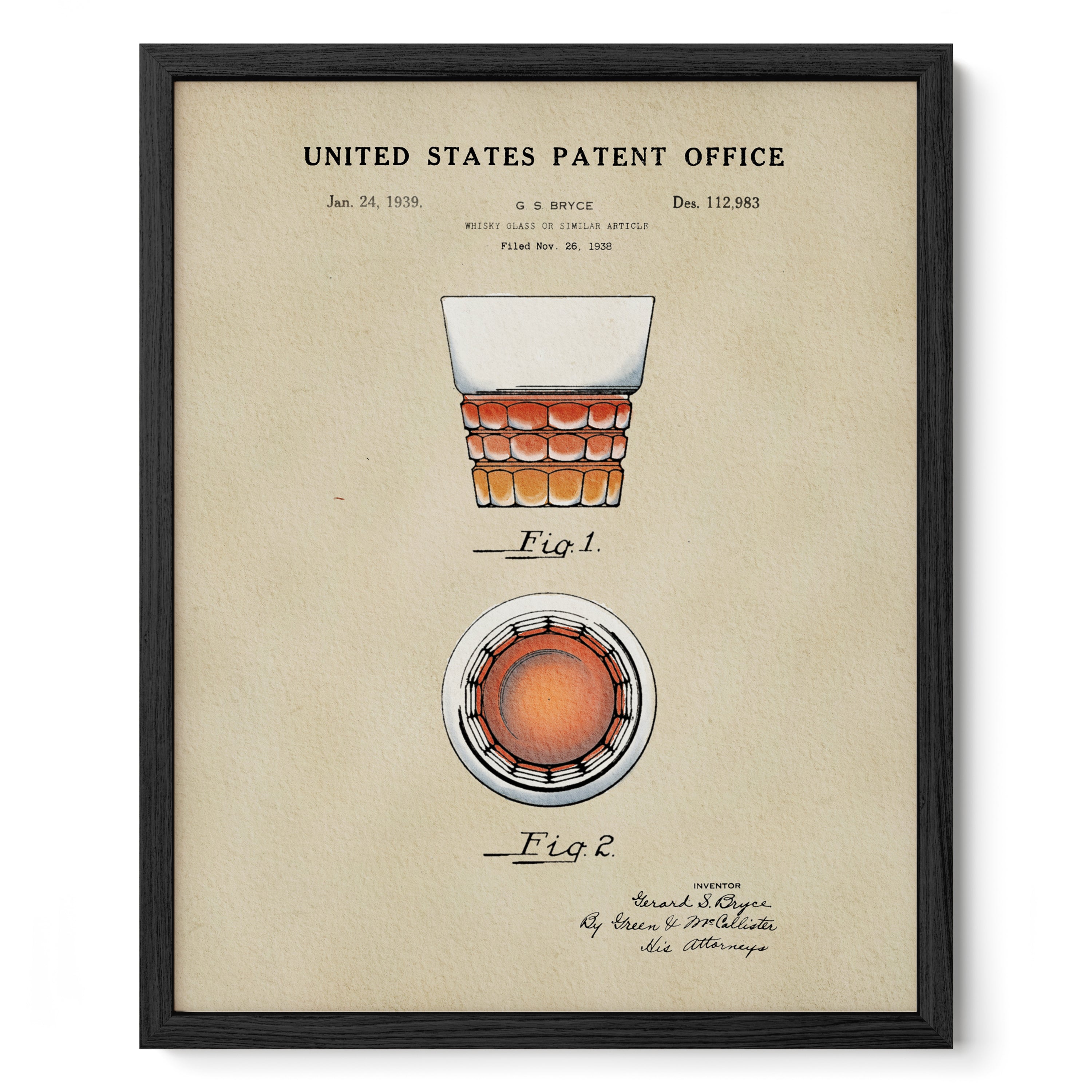 The image is a framed print depicting a patent application for a whiskey glass, specifically a 