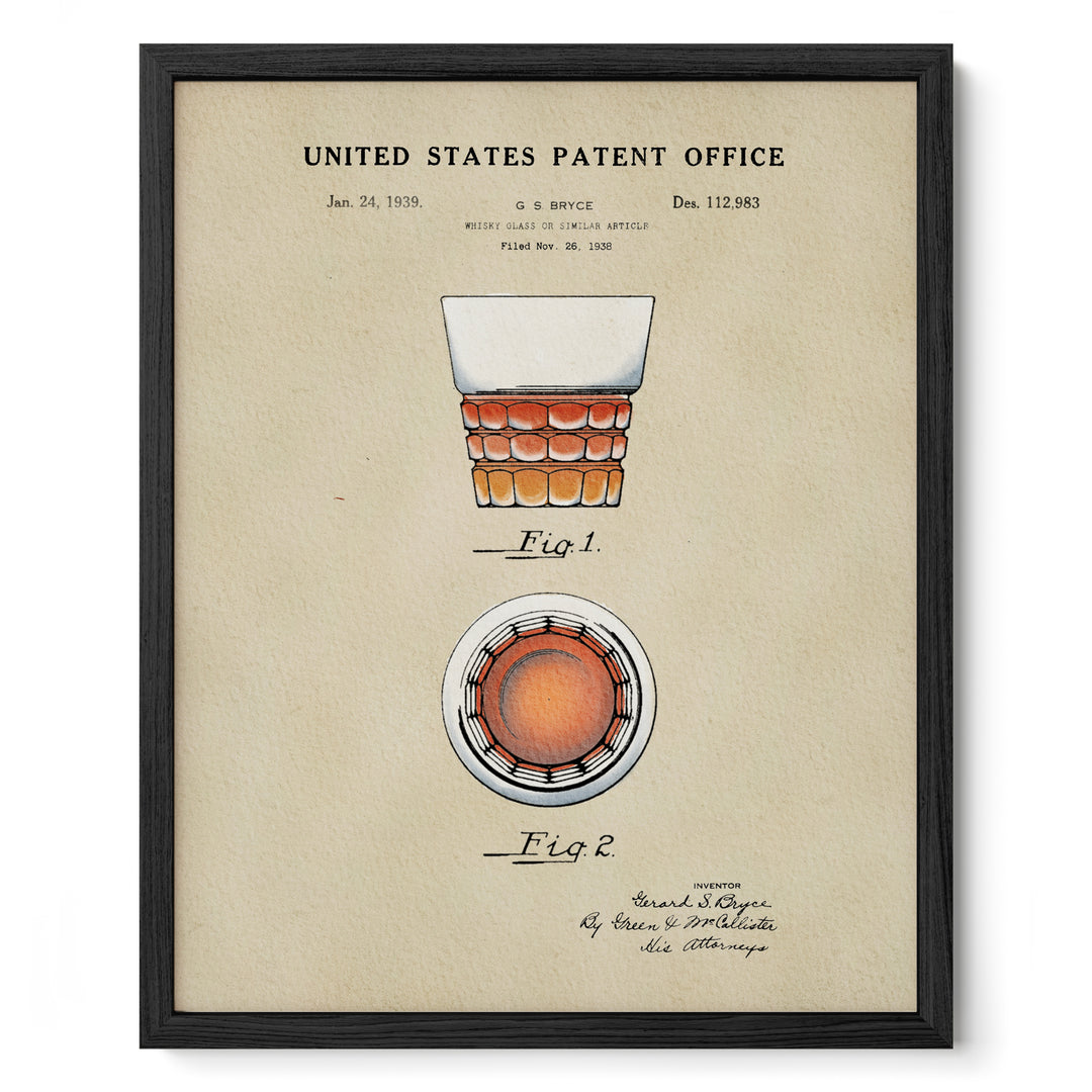 The image is a framed print depicting a patent application for a whiskey glass, specifically a "Glasgow Syrup Article" from December 1939.