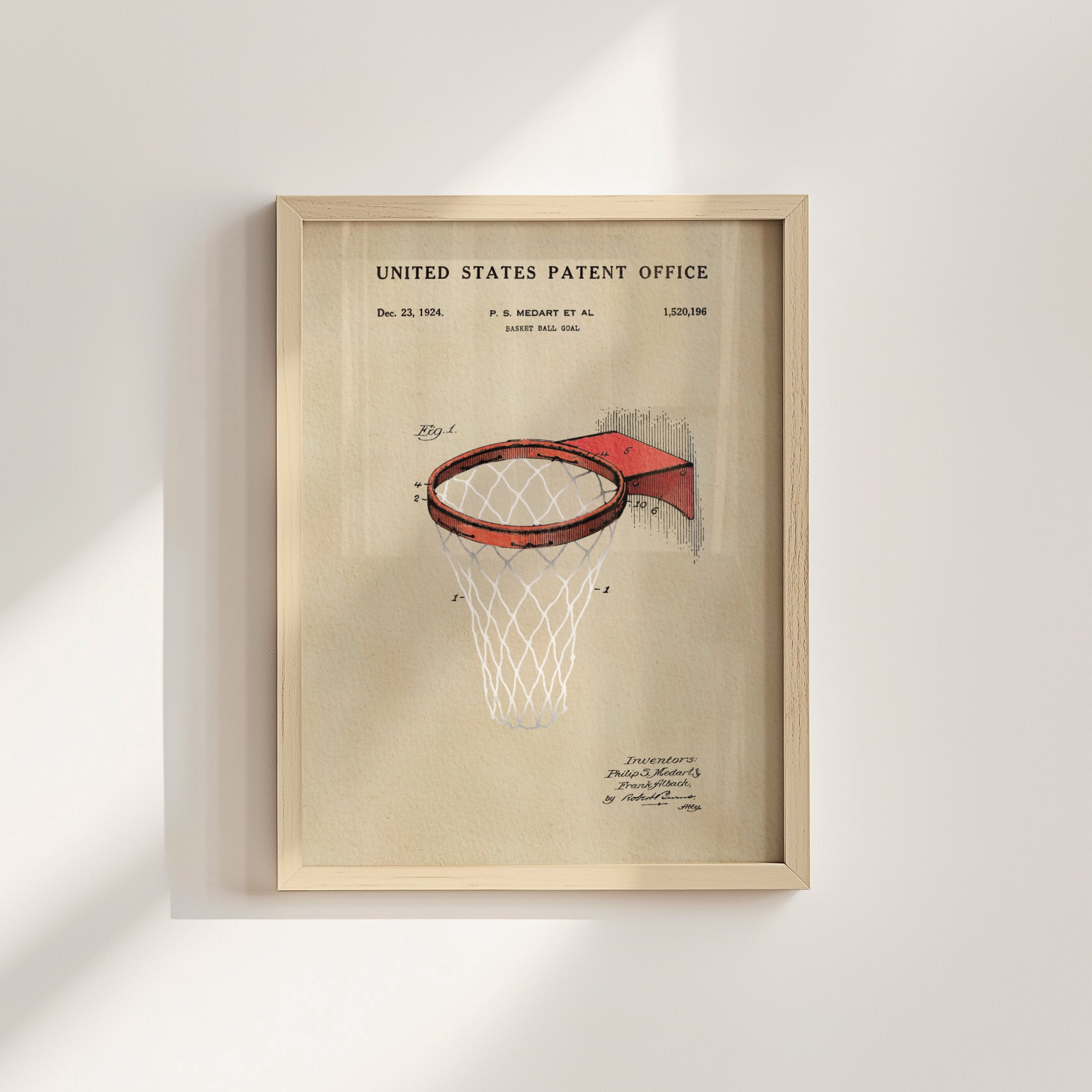 The image is a framed print of a basketball hoop patent drawing from December 22, 1924, with the title 