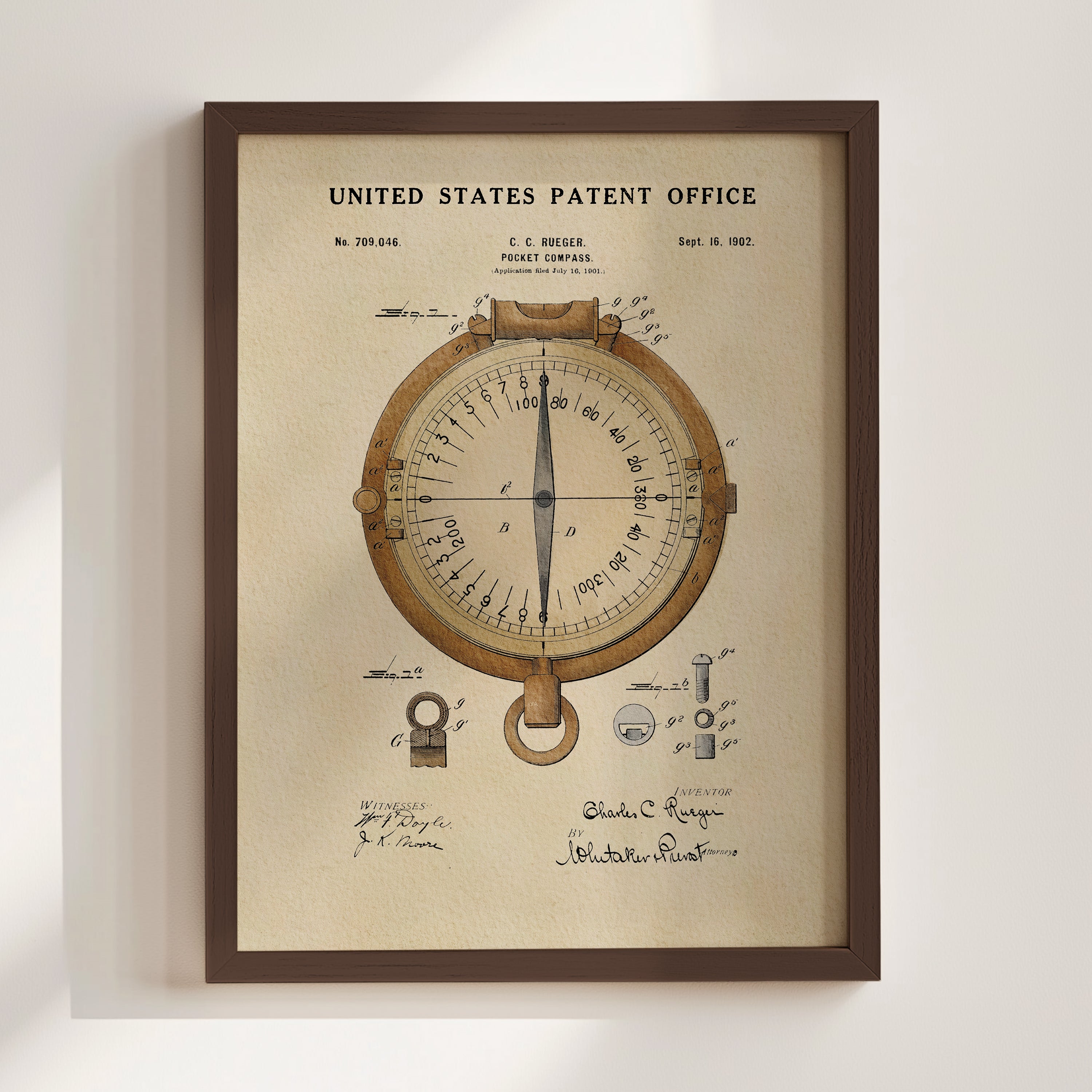 The image is a framed patent drawing of a compass, depicting the United States Patent Office from September 18, 1802.