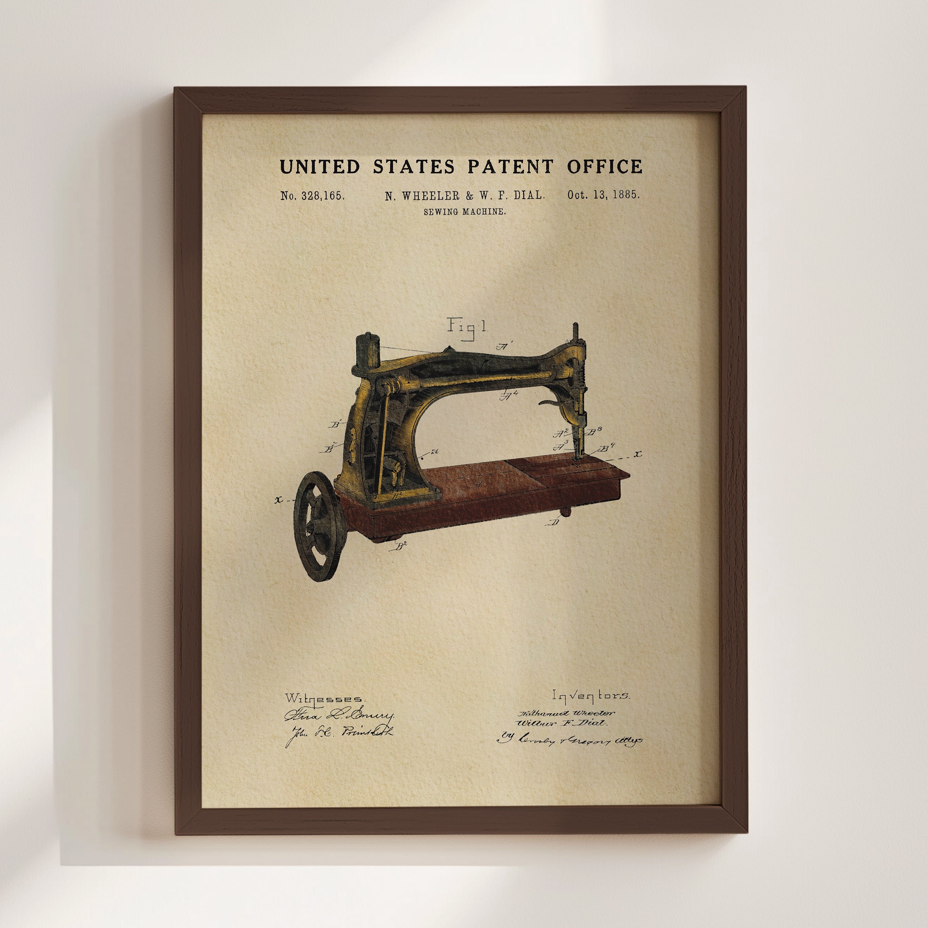 The image is a framed print of a sewing machine patent from the United States Patent Office, dated October 13, 1885.
