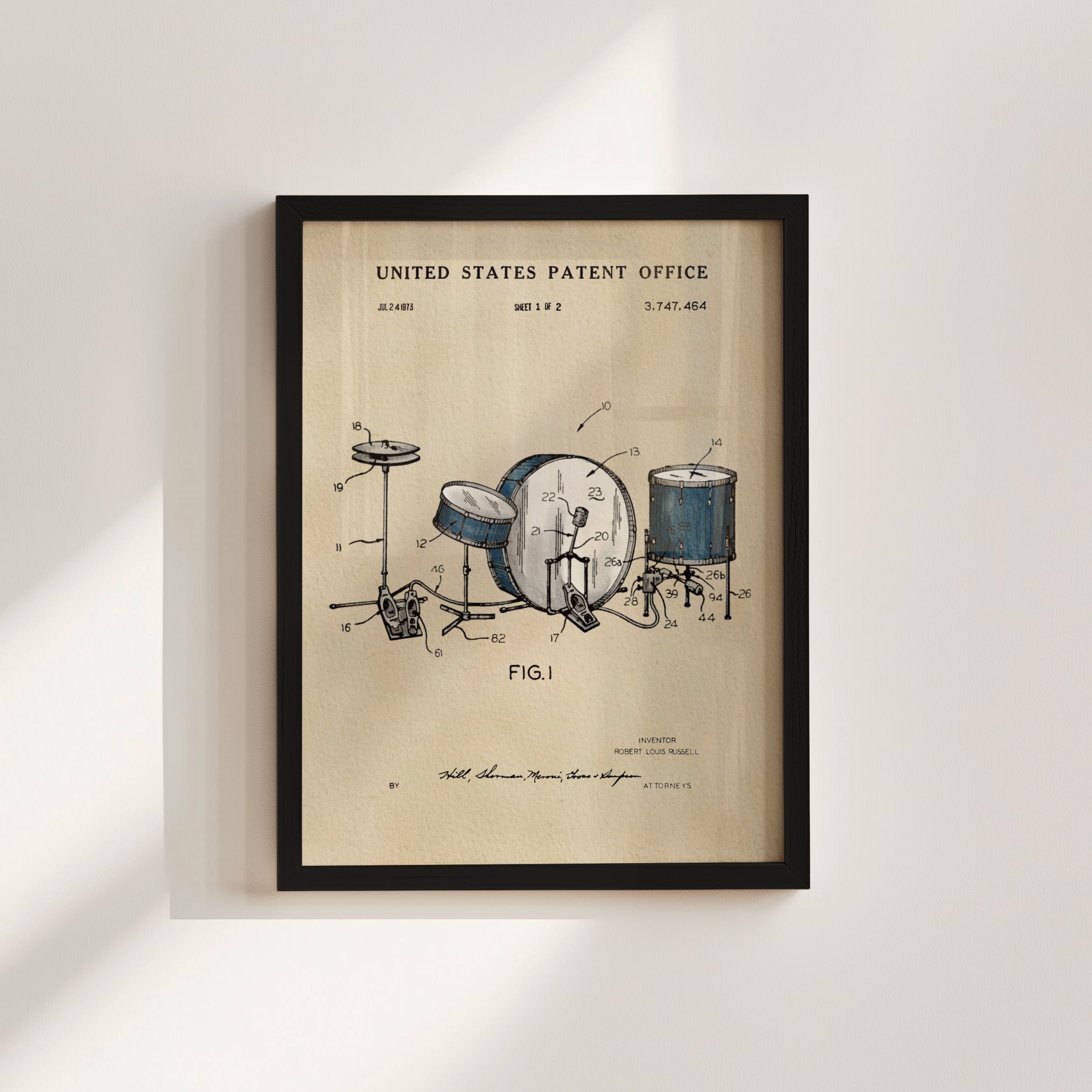 The image is a framed patent drawing depicting a drum set, with various technical drawings and labels.