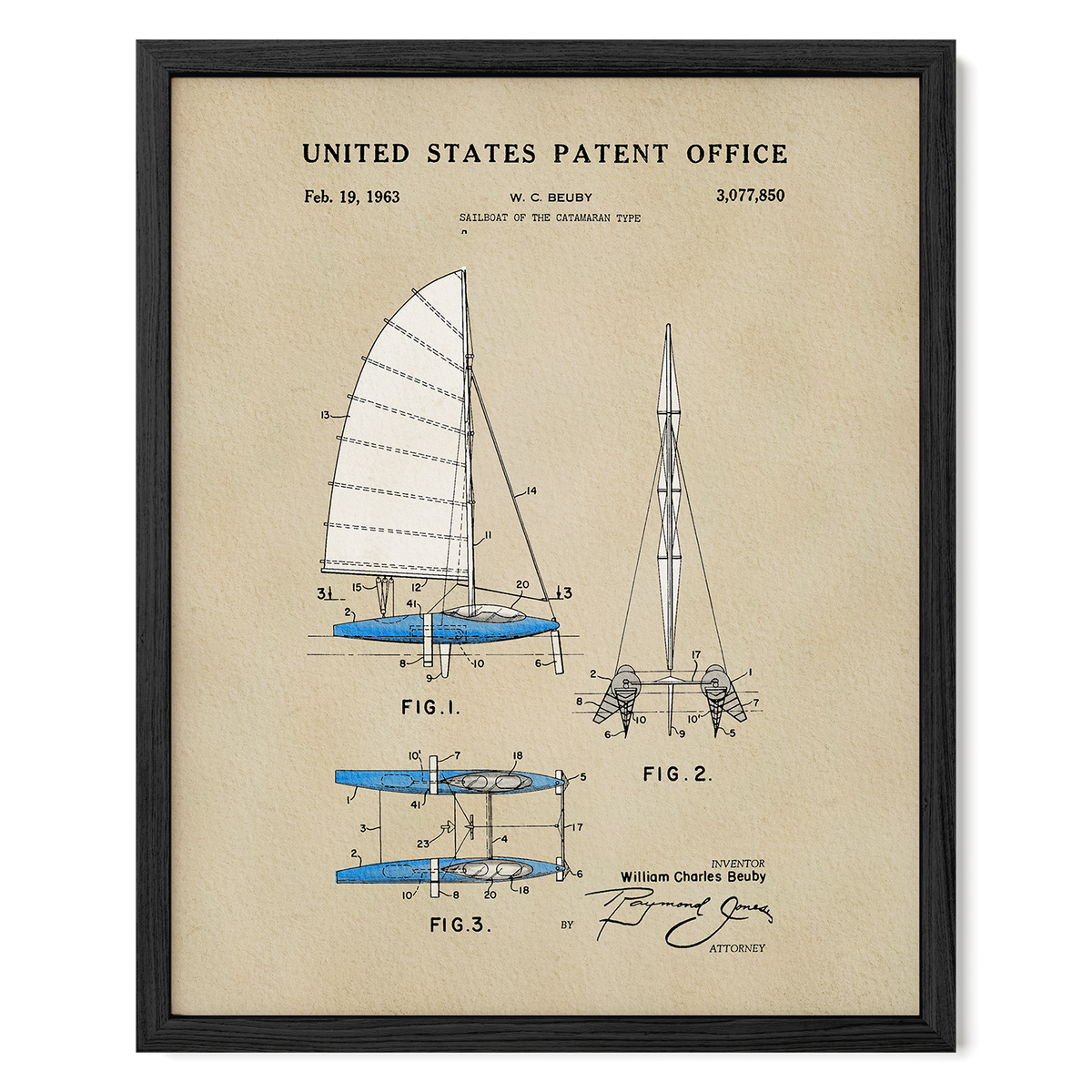 The image is a framed patent drawing depicting a sailboat with detailed technical drawings and specifications.
