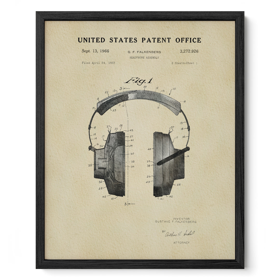 The image is a framed patent drawing of a pair of headphones, depicting the design and features of the headphones.