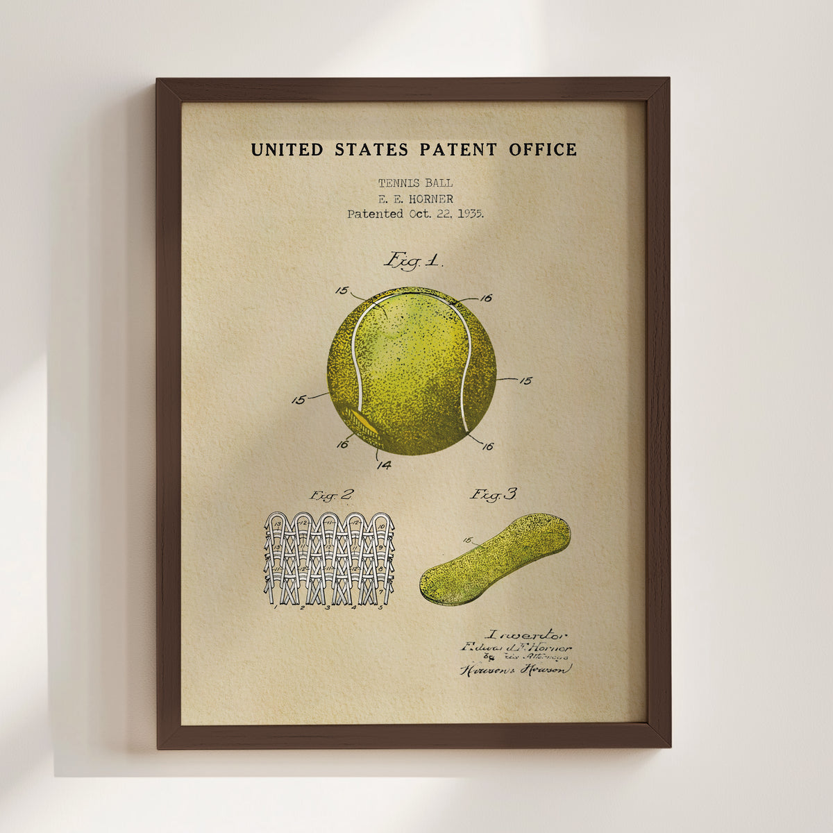 The image is a framed patent drawing depicting a tennis ball and a tennis racket, with accompanying technical drawings and text.