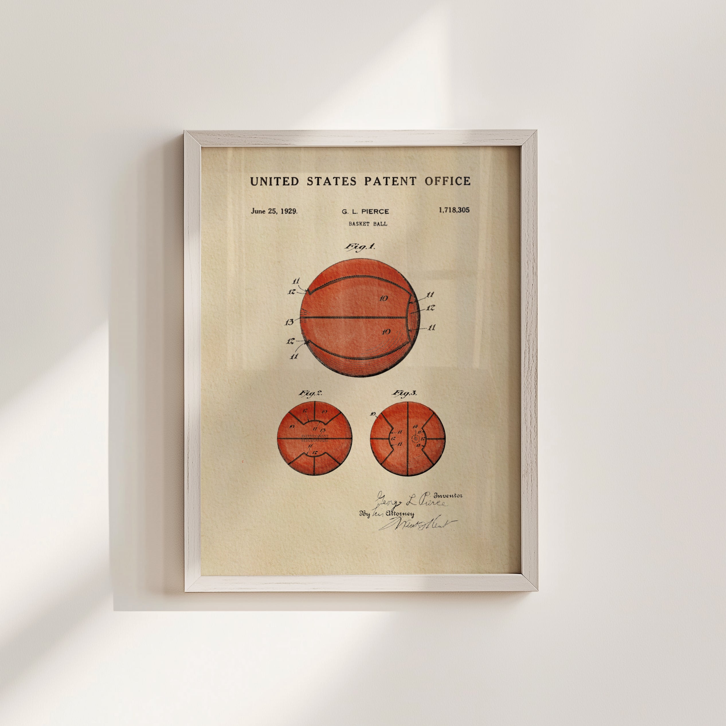 The image is a framed print of a United States patent office patent from June 25, 1929, for a basketball.